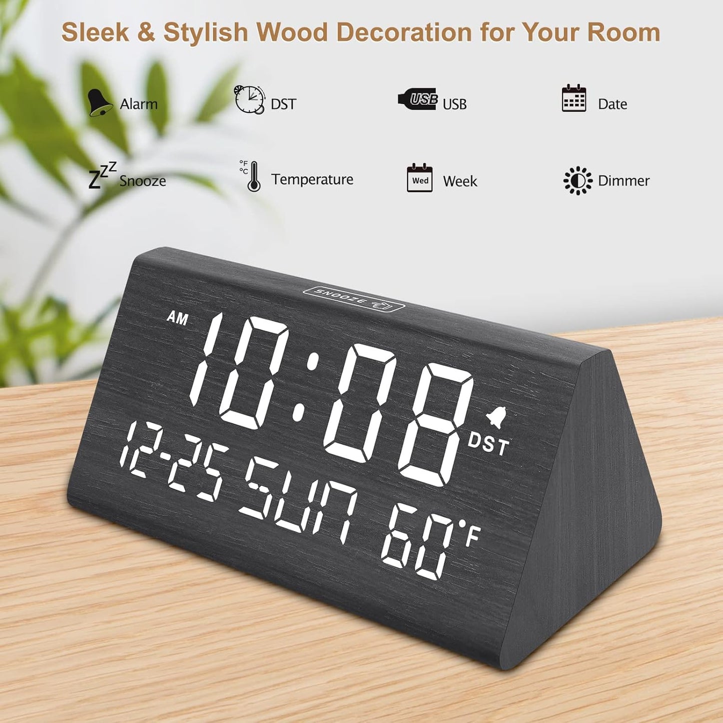 DreamSky Digital Alarm Clocks for Bedrooms - Wooden Desk Clock with Date, Day of Week, USB Port, Temperature, Dimmer for Bedside Table, Living Room, Office, Adjustable Volume, Auto DST, Wood Decor