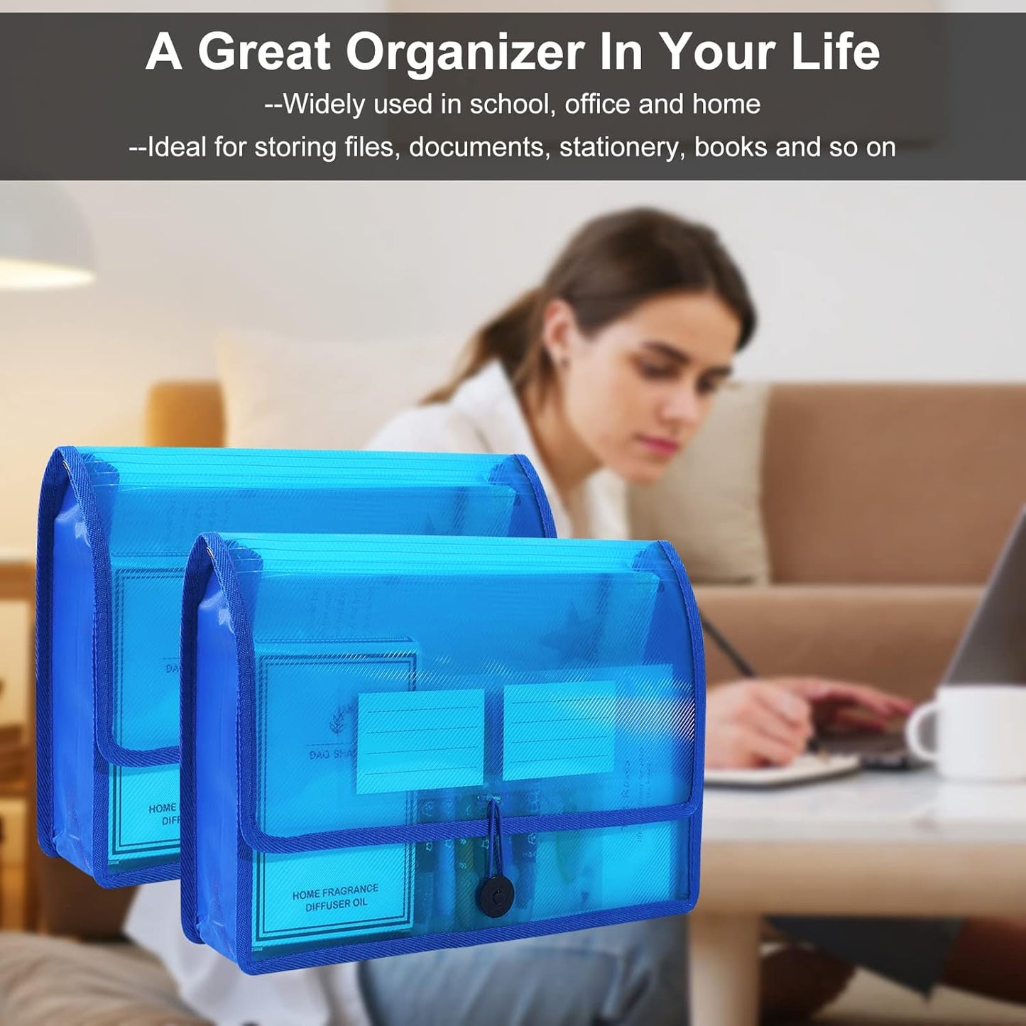 Eco-Friendly Plastic File Folders, 5 Pack Poly Expanding File Wallet, Expandable Envelope Organizer Document Folder with Elastic Band and Button Closure, with Small Two Pockets, Blue