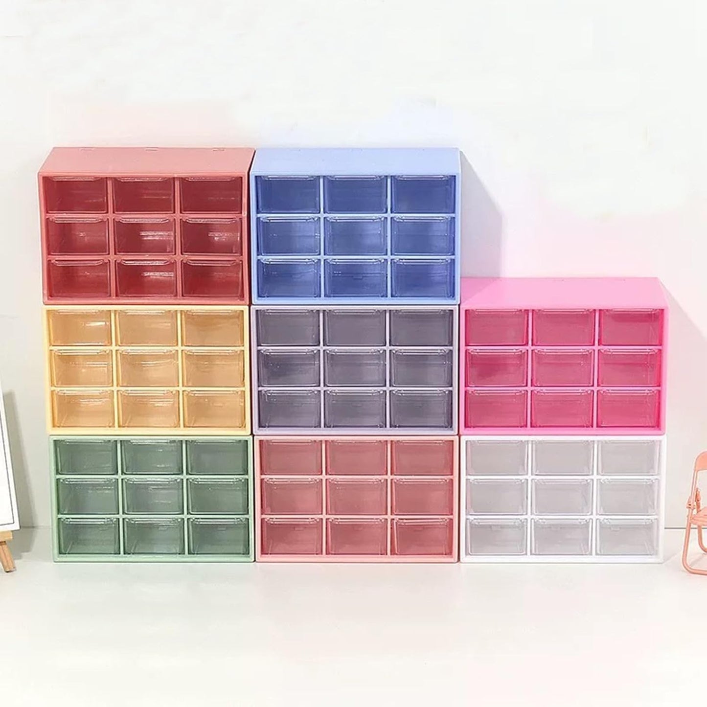 Feadily 2PCS Small Drawer Organizer for Desk, Desktop Drawer Organizer with 9 Clear Drawers, Plastic Desktop Storage Drawers 7.1 Inch x 3 .9 Inch x 4.7 Inch, Blue