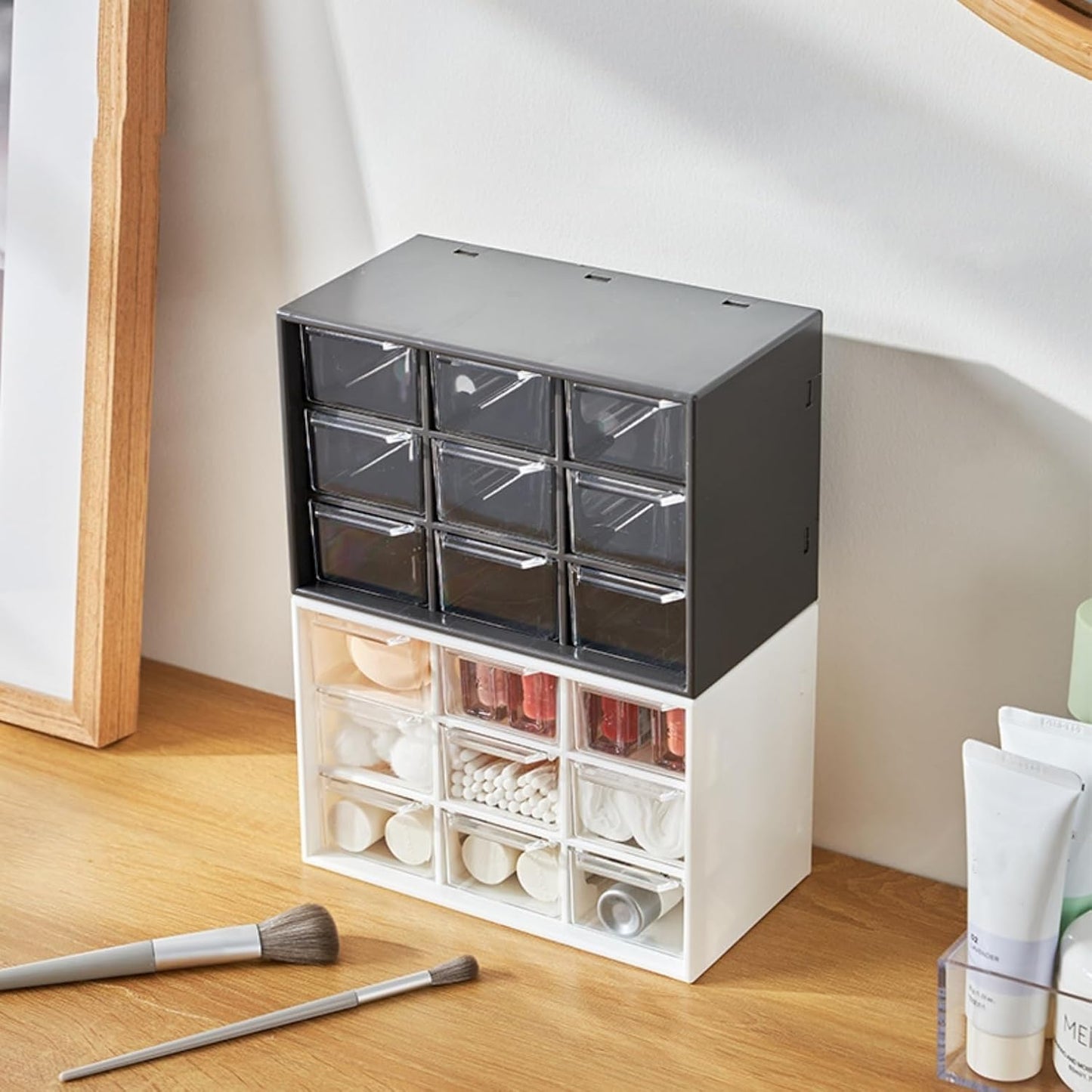 Feadily 4PCS Small Drawer Organizer for Desk, Desktop Drawer Organizer with 9 Clear Drawers, Plastic Desktop Storage Drawers 7.1 Inch x 3 .9 Inch x 4.7 Inch, Black