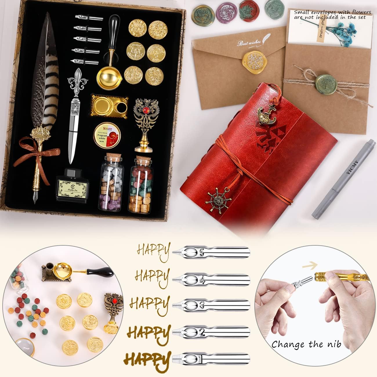 Feather Pen Pheasant Quill Pen and Ink Set,Caligraphy Kits for Beginners, Feather Pen and Ink Set With Leather Journal Notebook,Wax Seal Kit,7 Wax Seal Stamp Heads,Calligraphy Pens for Gift
