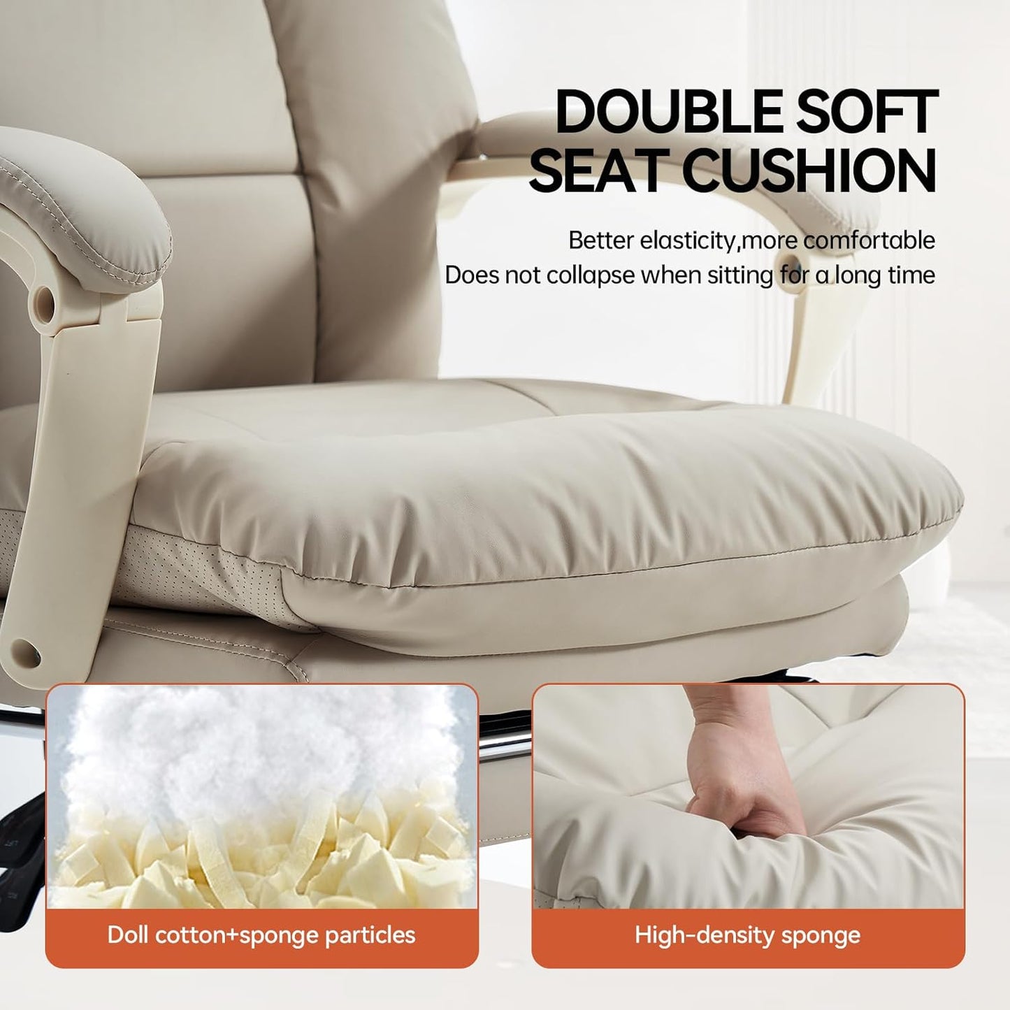 EMIAH Genuine Leather Office Chair with Foot Rest, Reclining Ergonomic Executive Office Chair with Arms, High Back Comfy Swivel Computer Desk Chairs with Wheels and Lumbar Support for Home, Beige