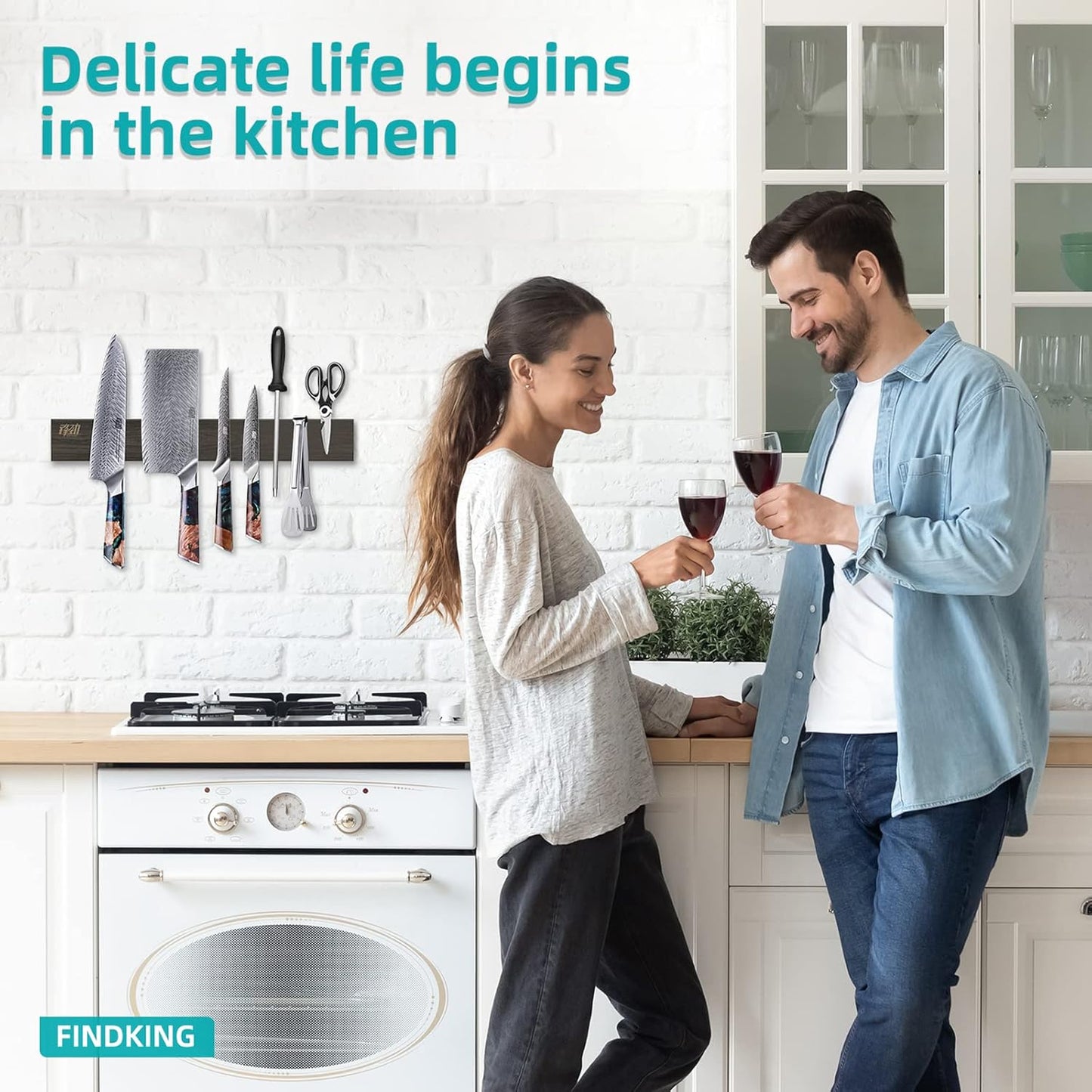 FINDKING Ash Wood Magnetic Knife Strip, Magnet Utensil Holder for Wall, Refrigerator, Wooden Rack for Kitchen Knives, No Drill (Dark Brown, 12 Inches, Without Knives)