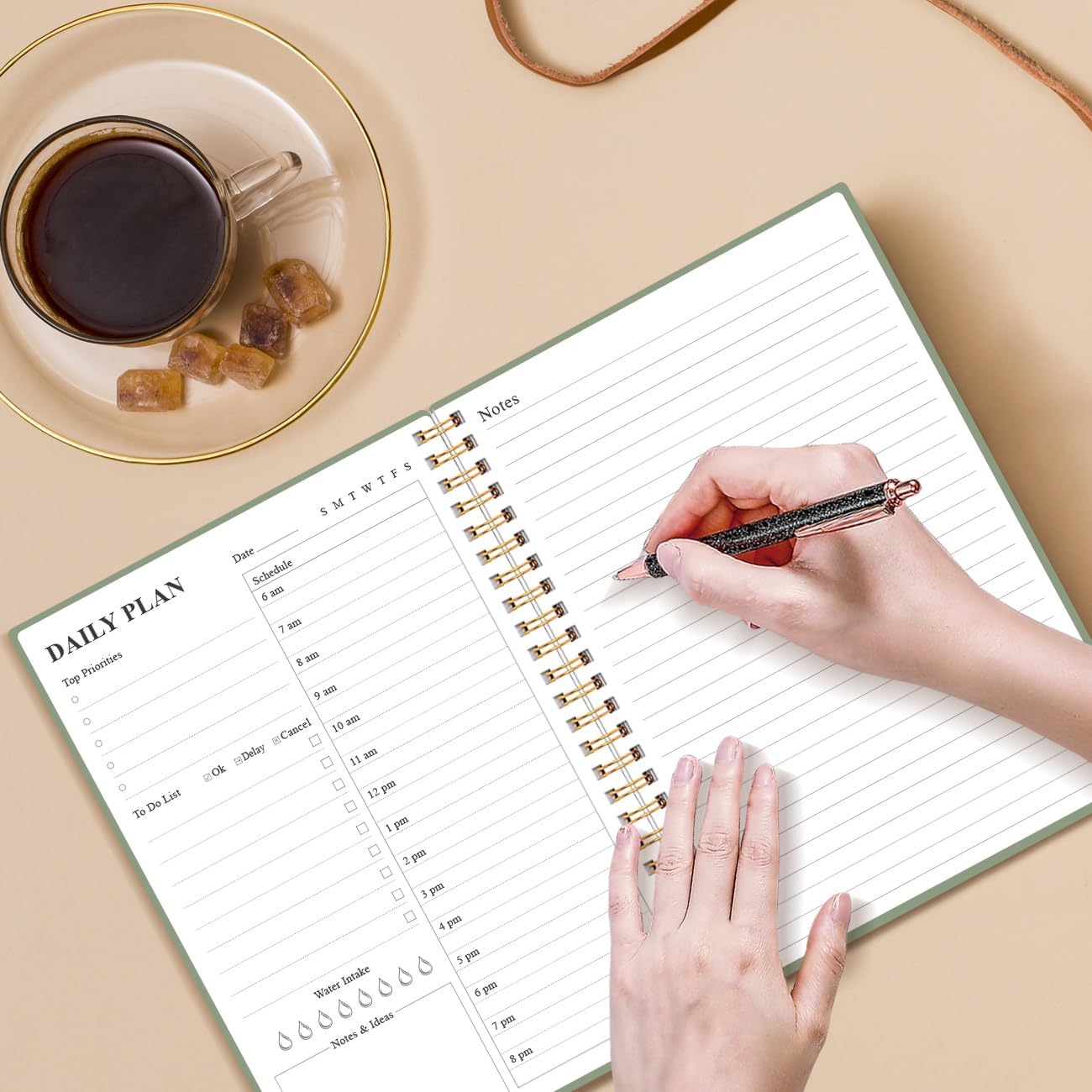 Daily Planner Undated - A5 To Do List Notebook Hourly Schedules, Spiral Appointment Planner for Women and Men, PVC Hardcover, Inner Pocket, Elastic Closure, 5.8" x 8.3", Green
