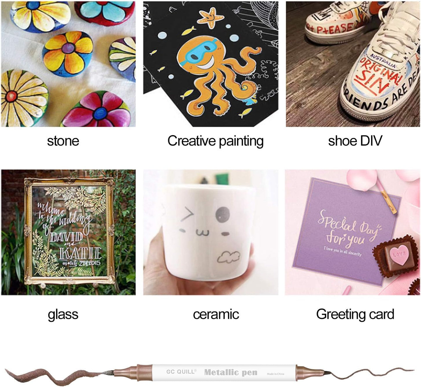 GC QUILL 12 Colors Metallic Marker Pens - Dual Tip Brush and Fine Point Pens for DIY Album, Black Cards, Scrapbooking, Craft Supplies, on Ceramic, Stone, Glass, Fabric GC-MP12