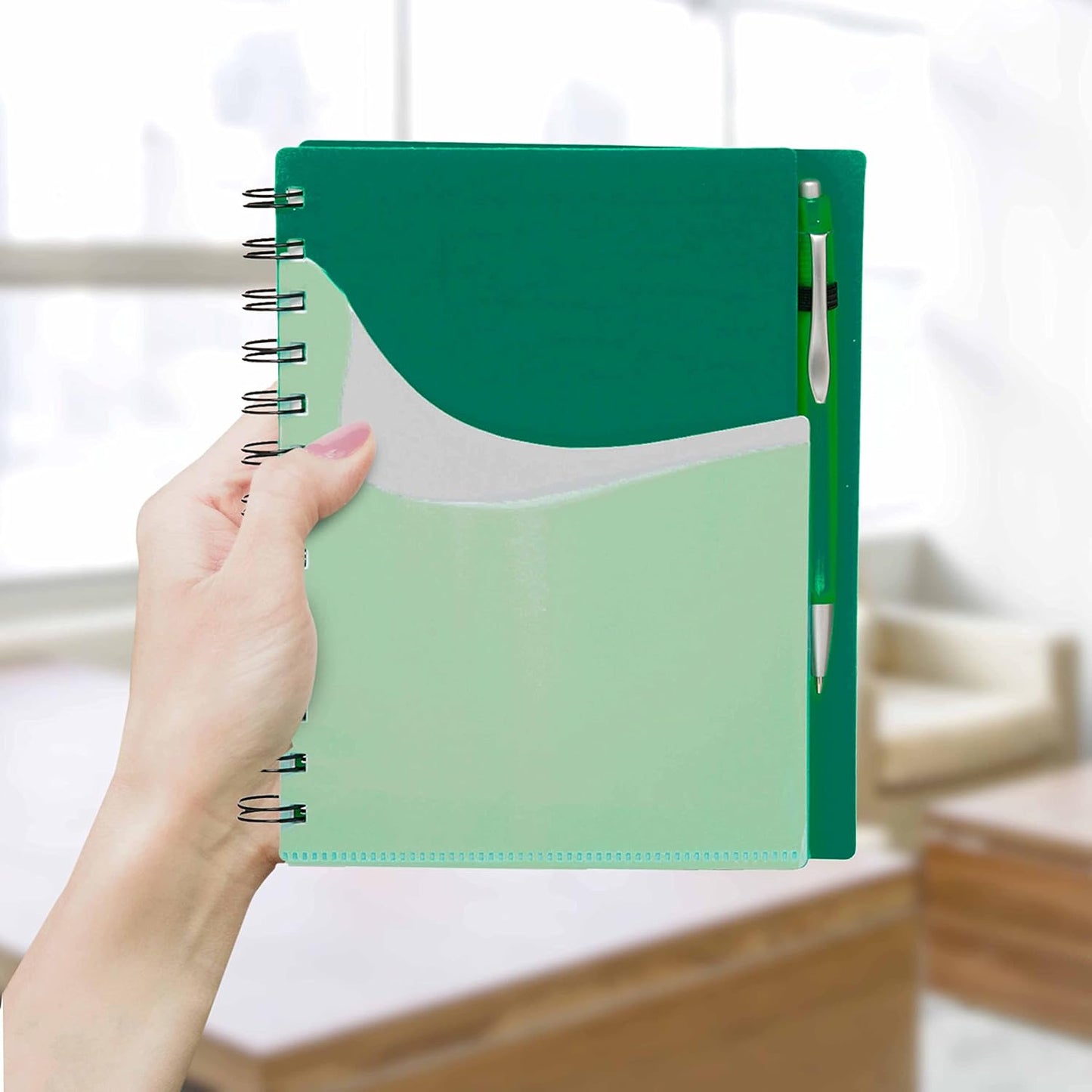 DISCOUNT PROMOS Spiral Notebooks with Front Pocket Set of 10, Bulk Pack - Durable Plastic Cover, Includes Matching Pen in Blank Ink, Perfect for School, Office, Home - Green