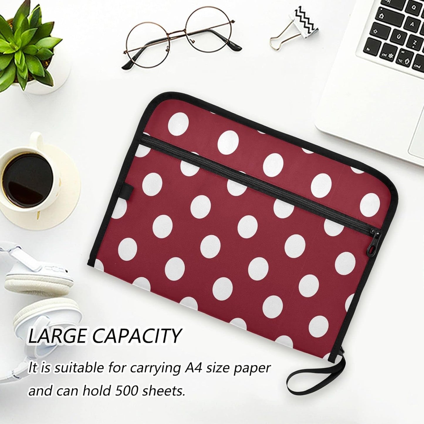 Gredecor 13 Pockets File Folder Organizer A4/Letter Water Resistant White Polkadot with Red Document Bag with Zipper Filing Folder Expanding File Pouch Storage for School Office