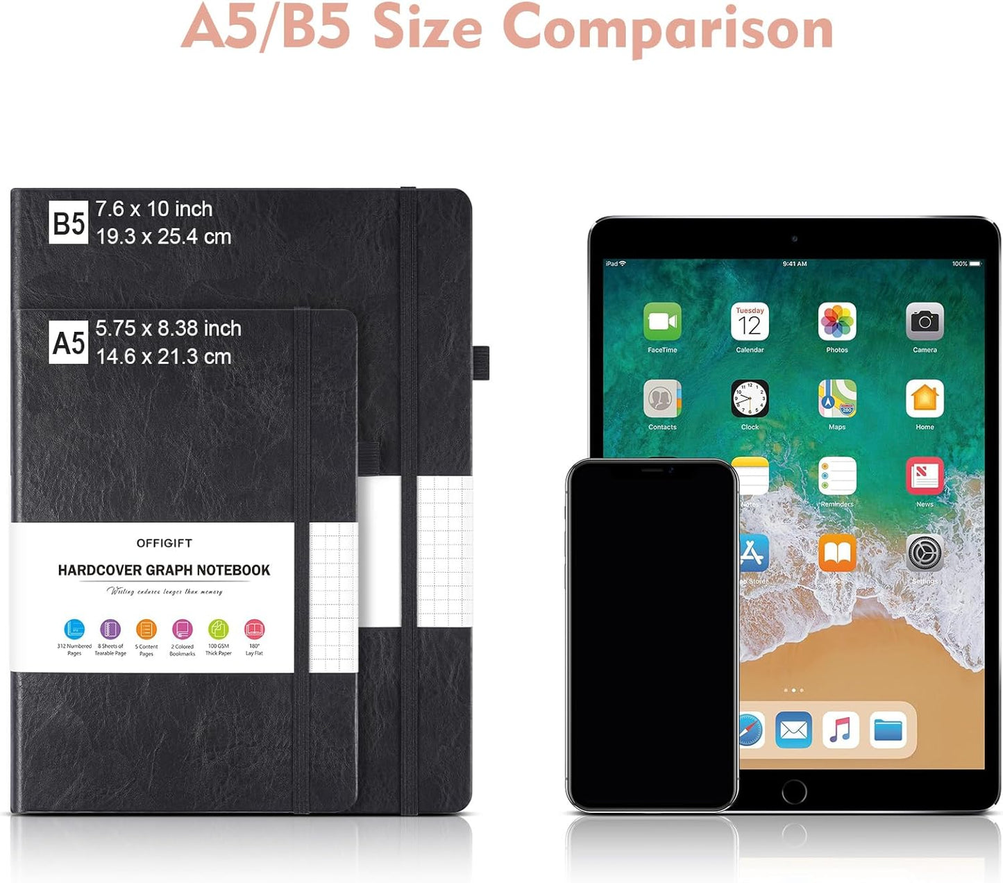 Graph Paper Notebook, 312 Numbered Pages B5 Hardcover Leather Journal, 100gsm No Bleed Grid Paper Notebook with Index Pages, Grid Notebook for Graphing Notes Math, 7.6'' X 10'', Pink