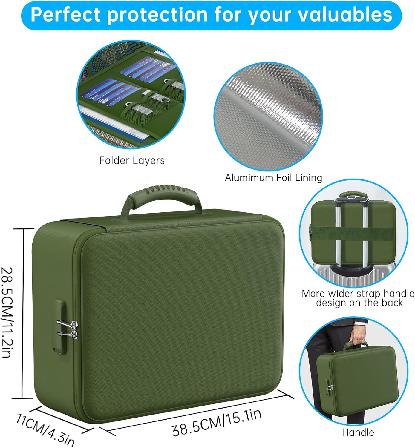 ENGPOW 5200°F Fireproof Document Bag with Lock, Upgraded Heat Insulated Fireproof&Waterproof Box 8 Layers Document Organizer, Portable Home Travel Safe Storage Box for Important Files, Laptop,Green