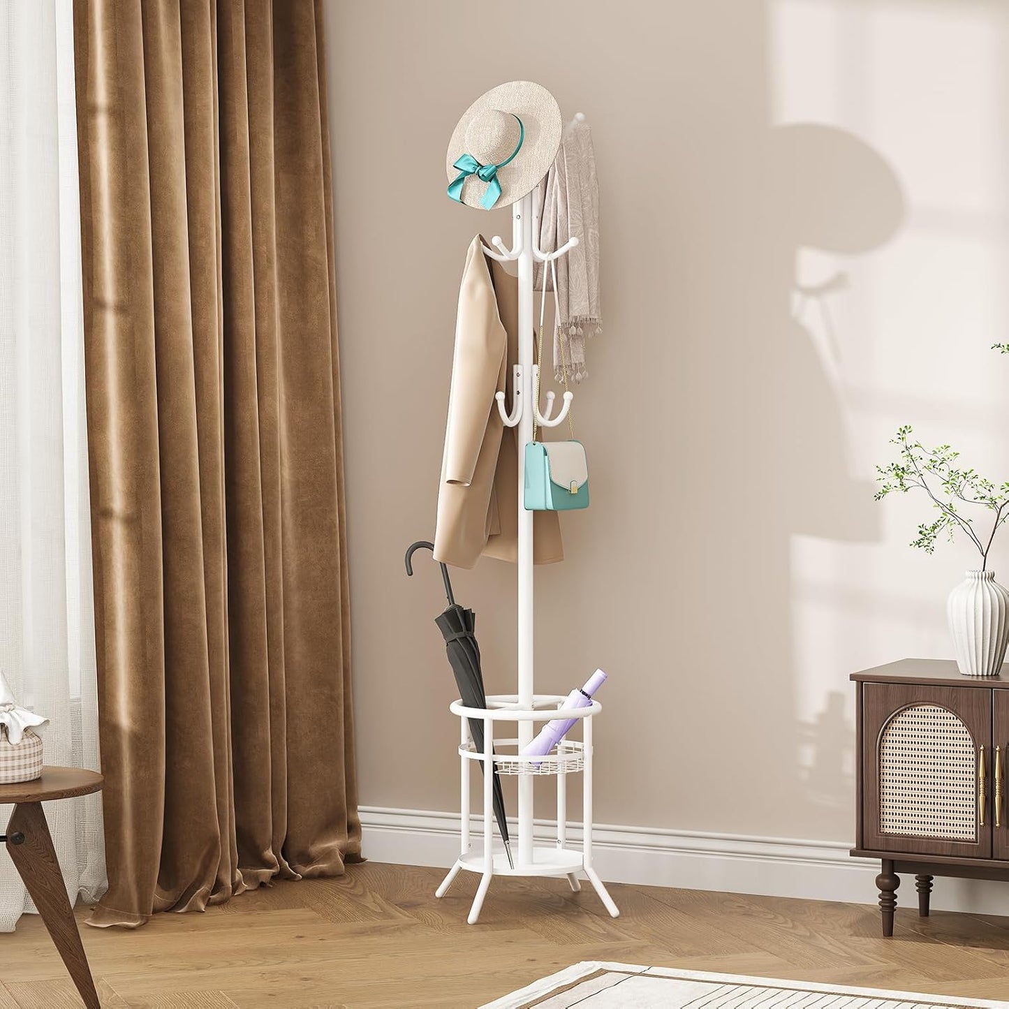 ELYKEN Coat Rack Freestanding, Metal Coat Rack Stand with Umbrella Holder, Modern Coat Tree with 12 Hooks, Floor Standing Corner Hall Tree for Entryway Living Room Bedroom Office, White