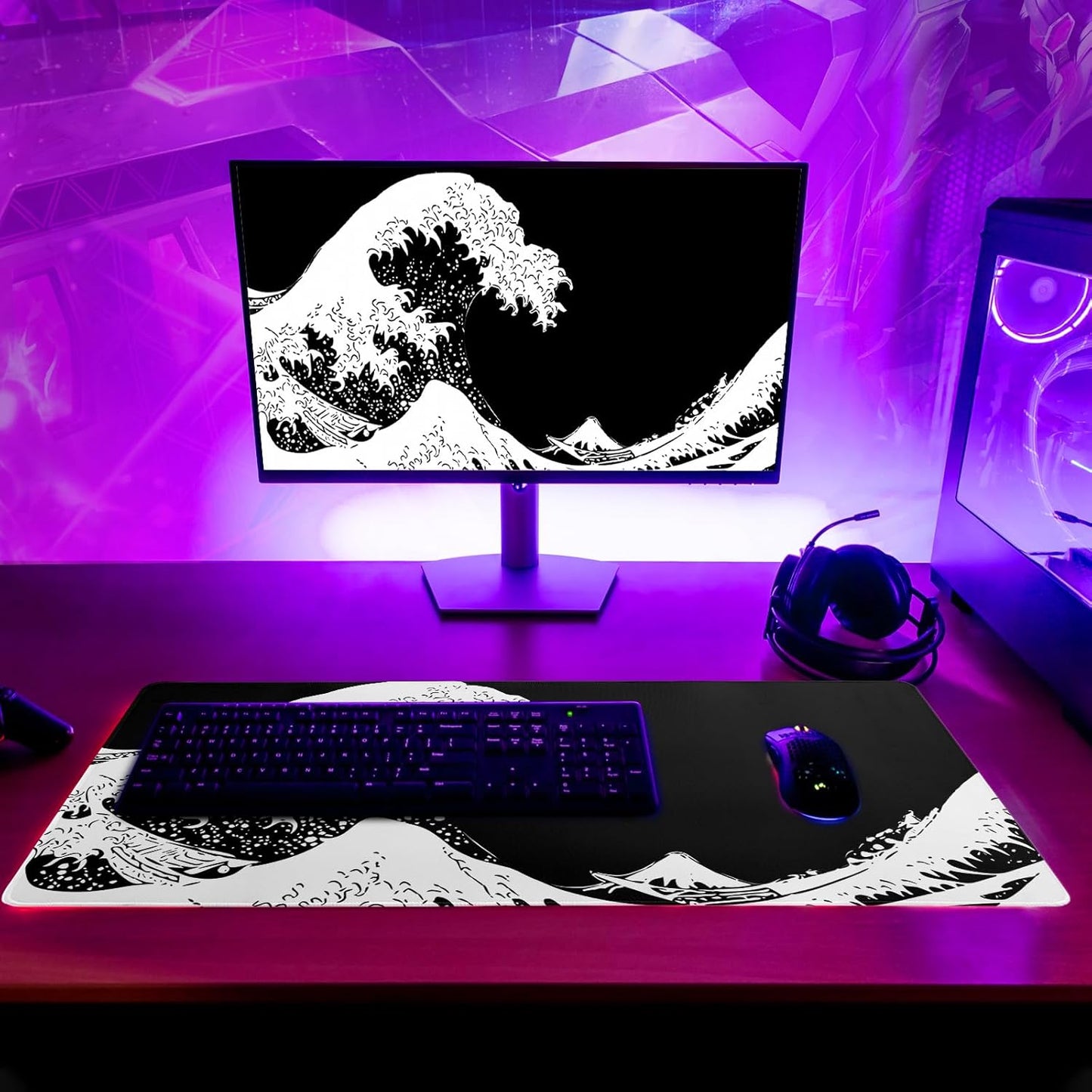 Japanese Sea Wave Large Mouse Pad, Abstract Black Gaming Mousepad, Extended Kanagawa Mat Desk Pad, 3mm Thick Long Non-Slip Rubber Base Mice Pad for Office and Home, 27.6x11.8 Inch