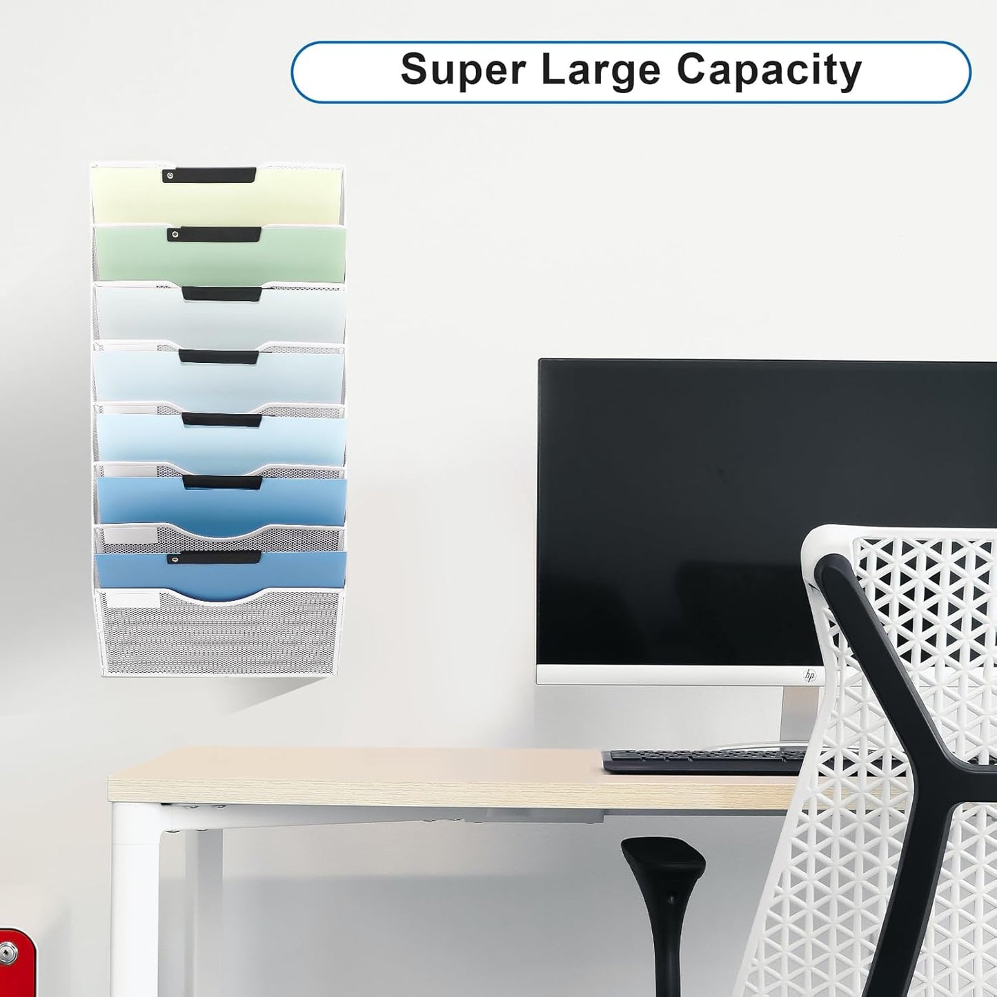 EASEPRES 8 Pocket Mesh Hanging Wall File Organizer, Wall Mounted Mail Paper Document Folder Holder, Clipboard Storage Organization Magazine Rack with Nametag Label for Office Home School, White