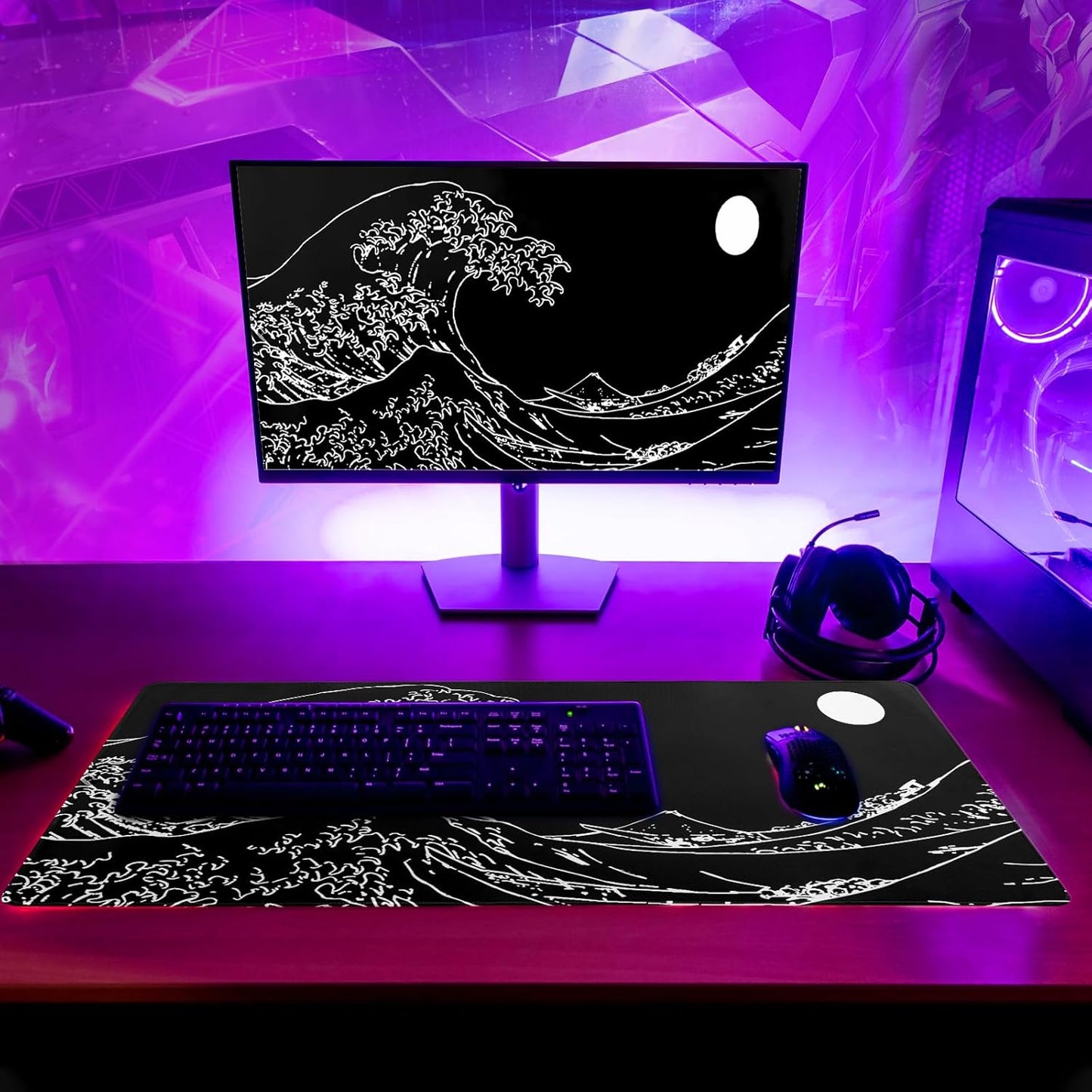 Japanese Sea Wave Gaming Mouse Pad 27.6x11.8 Inch Anime Black Large Mousepad Extended Kanagawa Mousepad Gaming Non-Slip Rubber Base Stitched Edges Keyboard Mouse Mat Desk Pad for Office Home Game