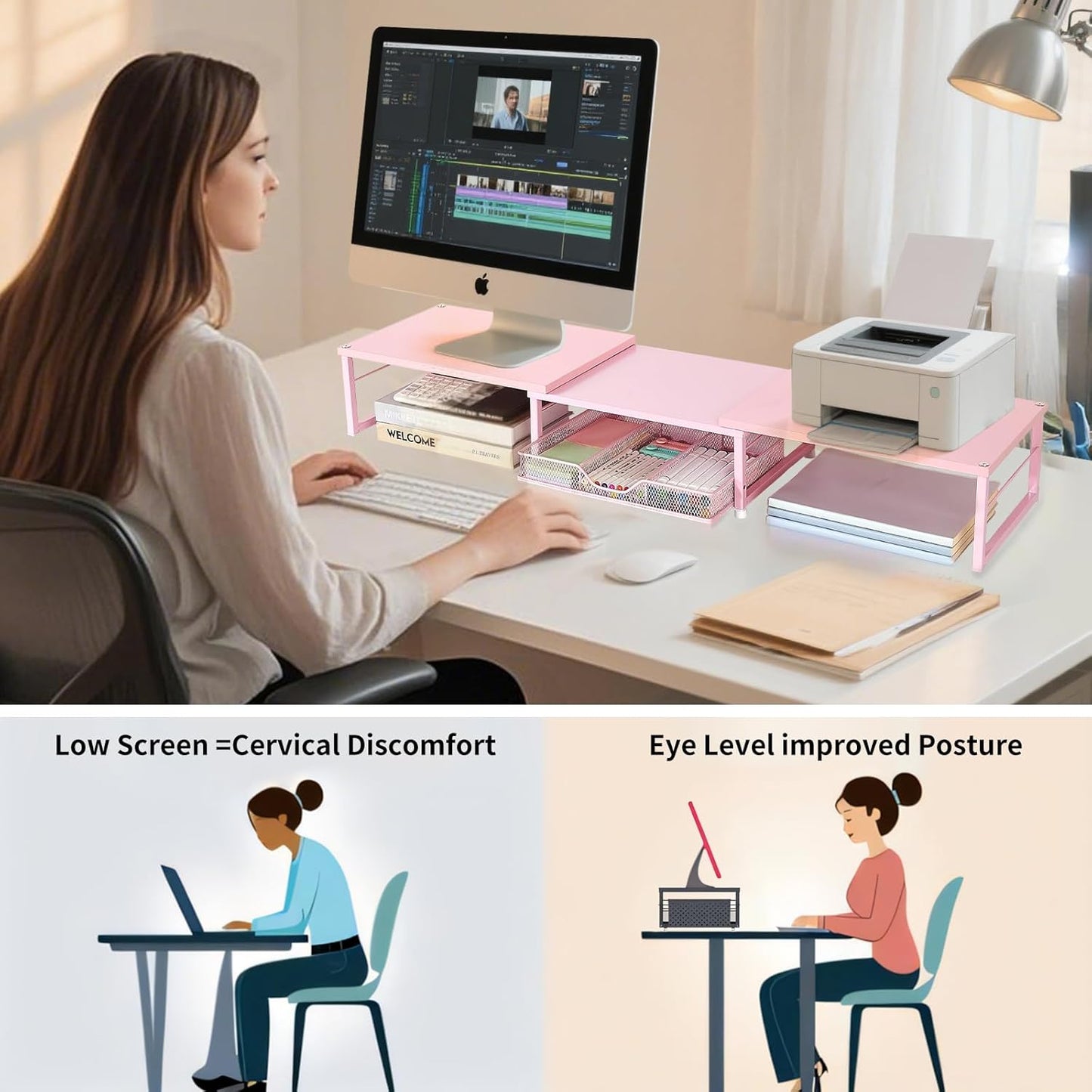 Dual Monitor Stand Riser, Desk Organizer with Drawer, Office Desk Organizers and Accessories, Office Workspace Organization Computer Monitor Stand for Laptop, Printer, TV(Pink)