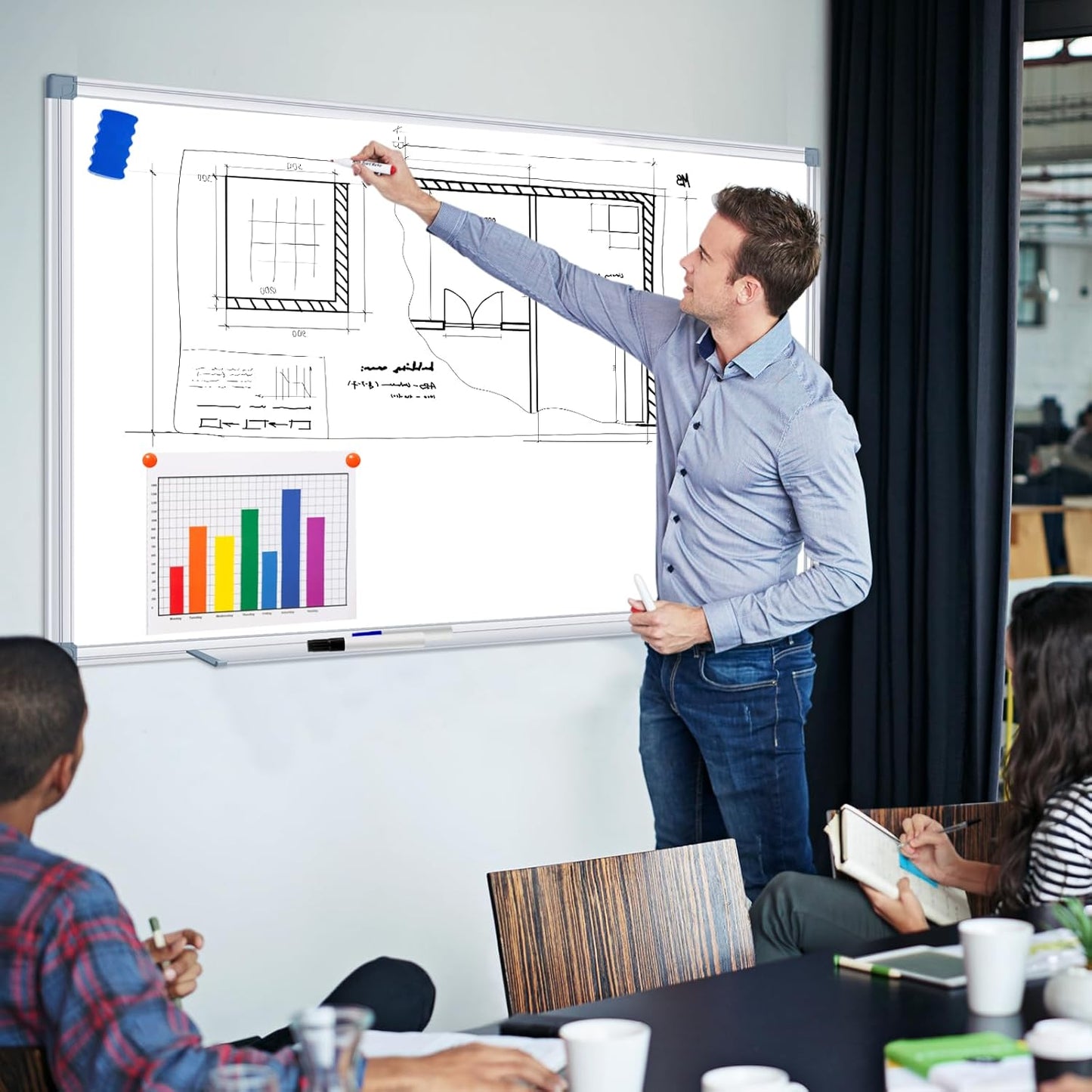 H-Qprobd White Board Dry Erase Boards for Wall 5' x 3' Magnetic Whiteboard - 60"x36" Aluminum Presentation Large Whiteboard with Long Pen Tray, 6 Markers, 2 Erasers &12 Magnets