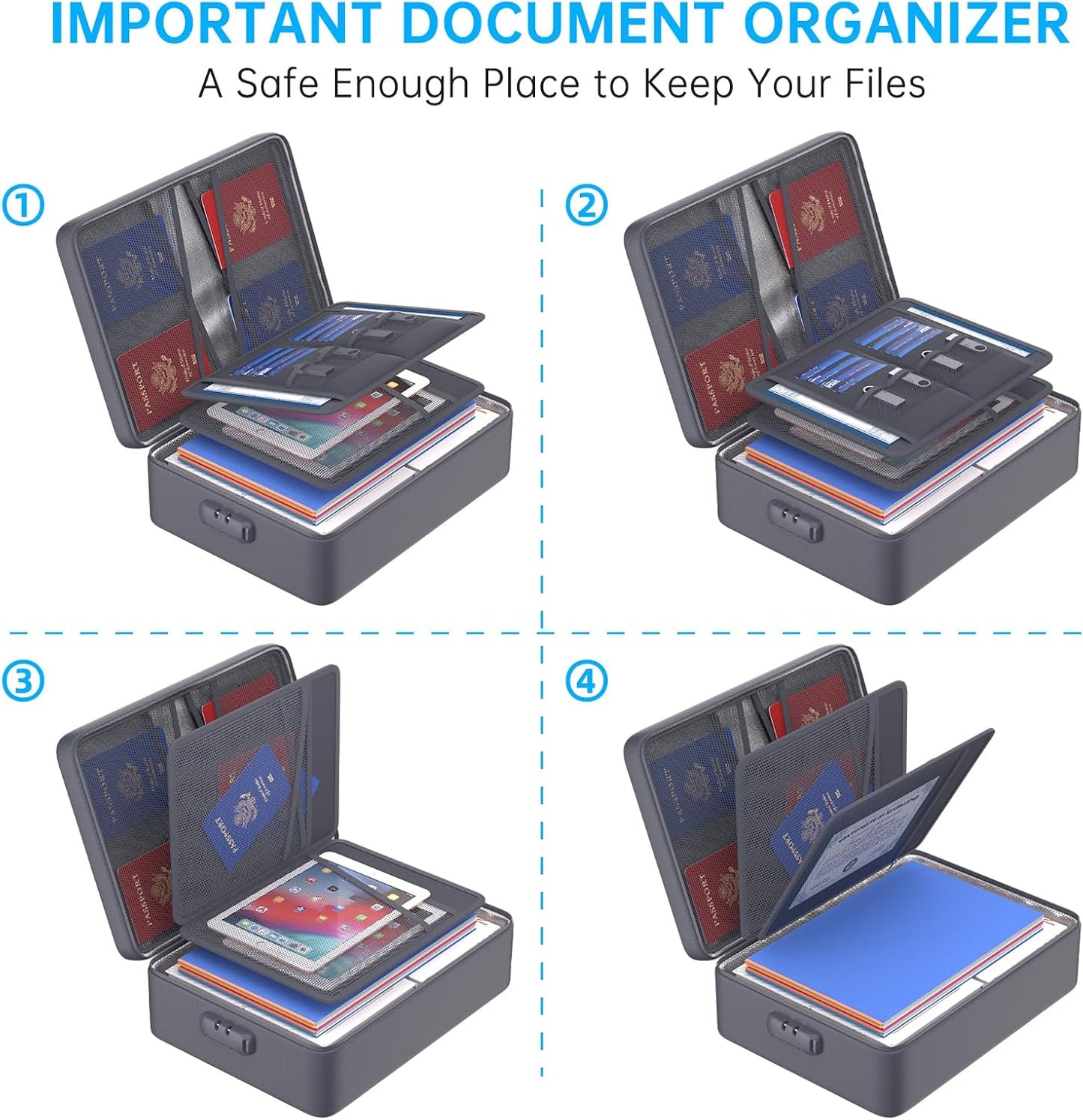 ENGPOW 5200°F Fireproof Document Bag with Lock, Upgraded Heat Insulated Fireproof&Waterproof Box 8 Layers Document Organizer, Portable Home Travel Safe Storage Box for Important Files, Laptop, Gray