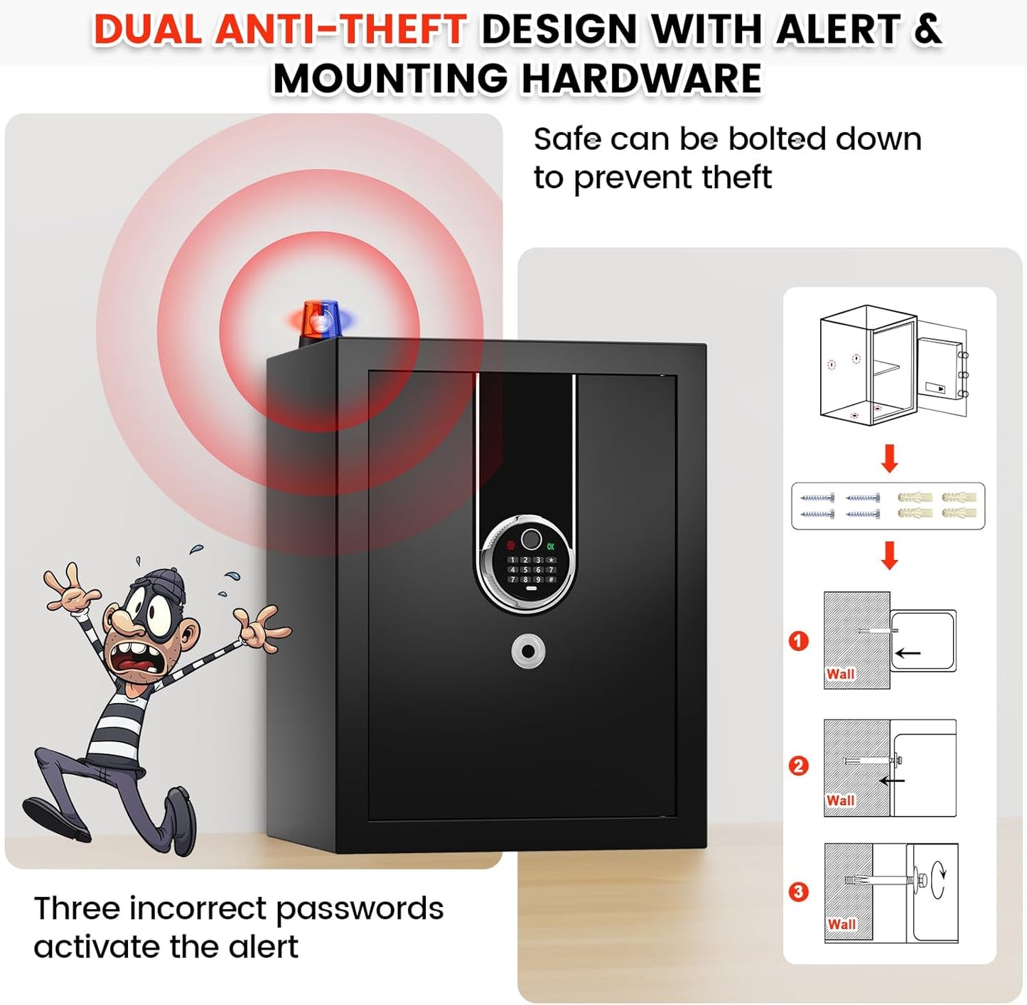 1.6 Cuft Biometric Safe Box, Fire Proof Safe For Home Documents with Fingerprint Lock, Combination Keypad Keys, Anti-Theft Dual Alert, Mute Mode, Digital Security Personal Safes for Money Jewelry