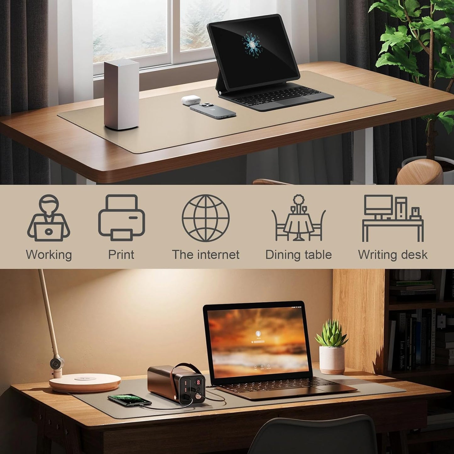 DAWNTREES Desk Mat Protector,PU Leather Desk Pad,Non Slip, Large Mouse Pad and Keyboard Mat, Waterproof Writing Pad for Office and Home (Beige,35.5''x16.9'')
