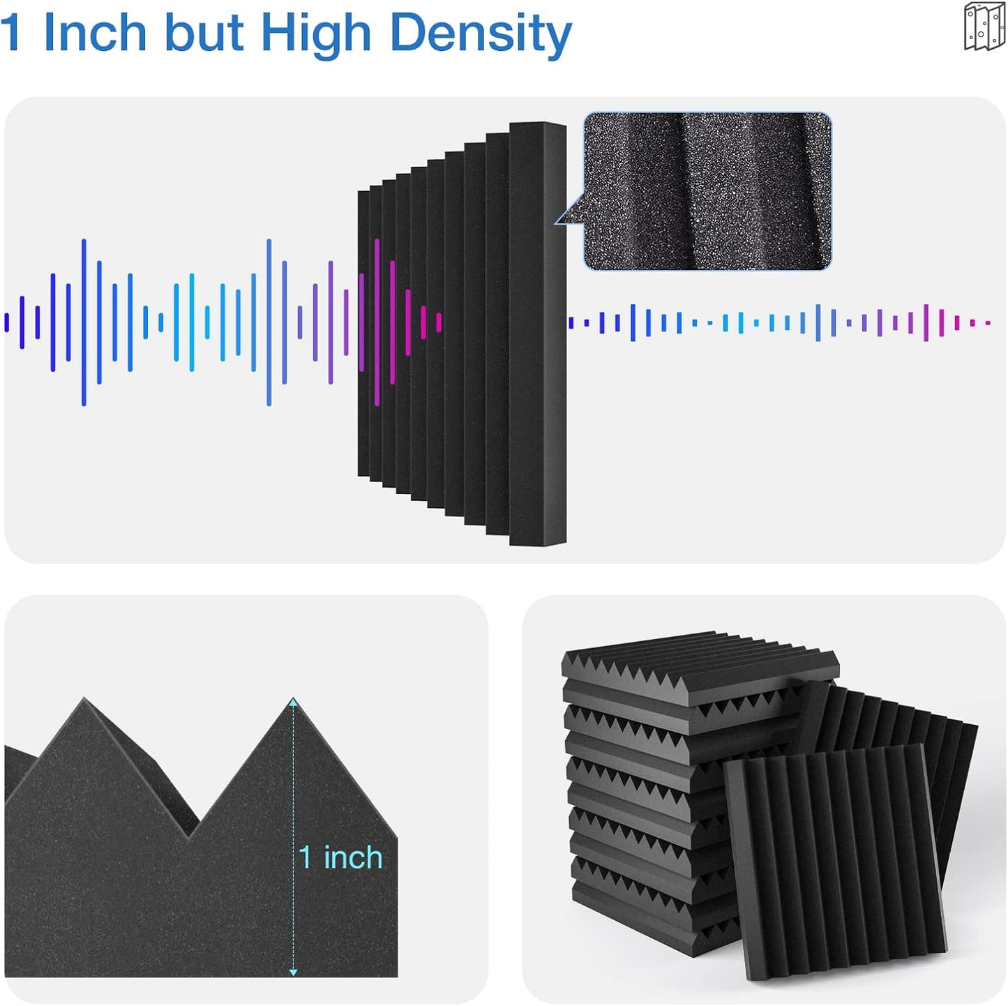 12 Pack Sound Proof Foam Panels for Walls,Self-Adhesive Foam Acoustic Panels Sound Absorbing,High Density Quick-Recovery Soundproof Wall Panels 12" X 12" X 1"-Black and Purple