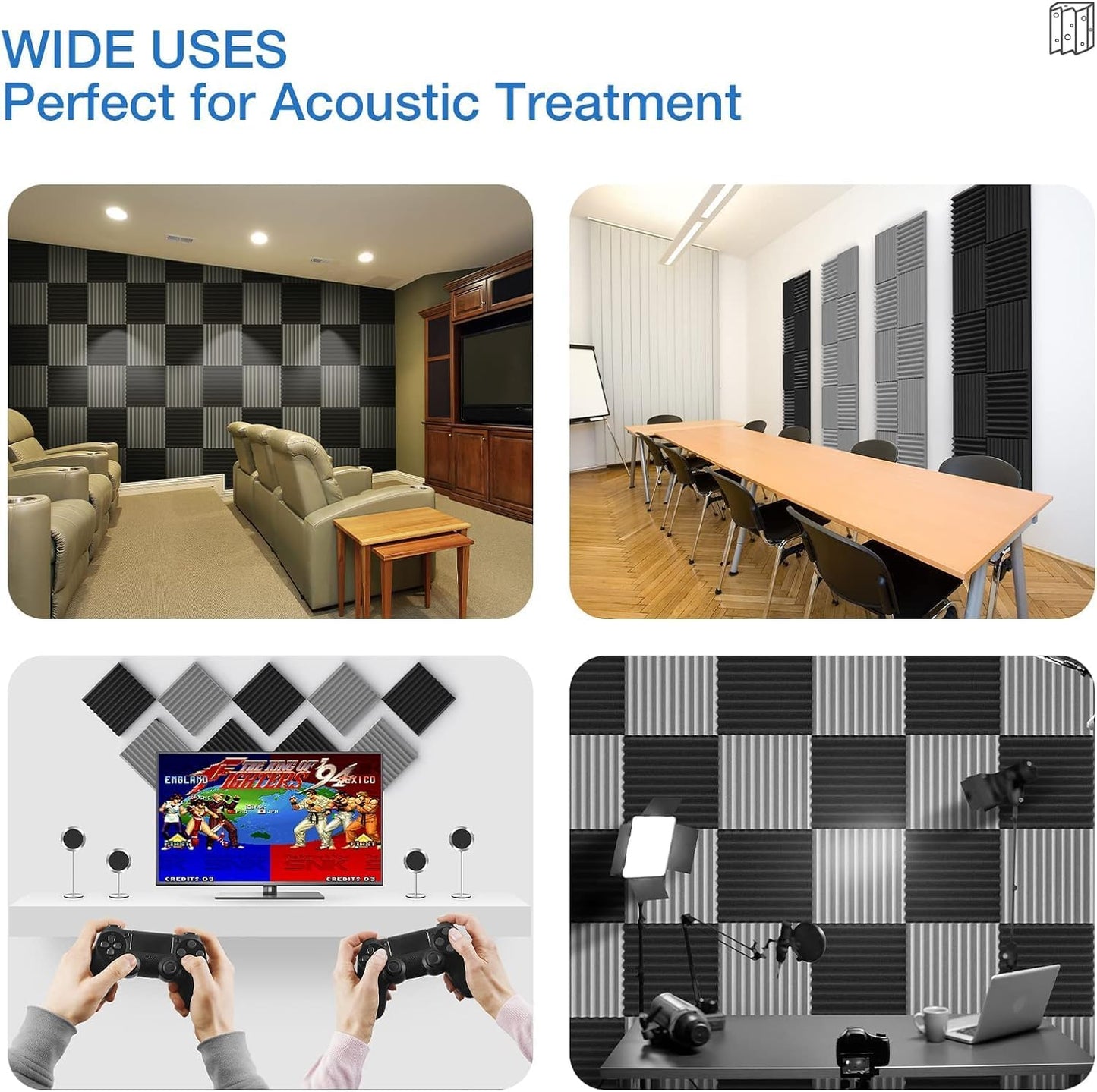 12 Pack Self-Adhesive Acoustic Panels - 1”X 12”X 12”Wall Panels - Quick-Recovery and High Density Sound Panels - Sound proof Acoustic Foam for Home Studio - Black and Gray