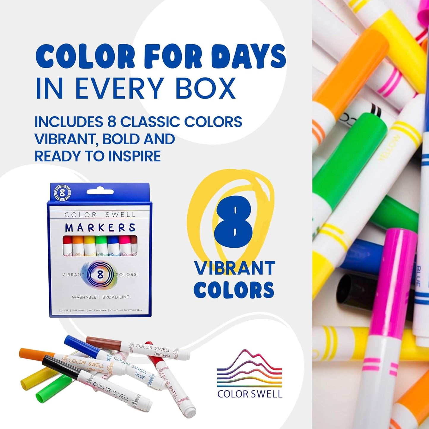 Color Swell Washable Markers 6 Boxes of 8 Vibrant Colors Perfect for Kids, Teachers, Adults, Parties, and Families…