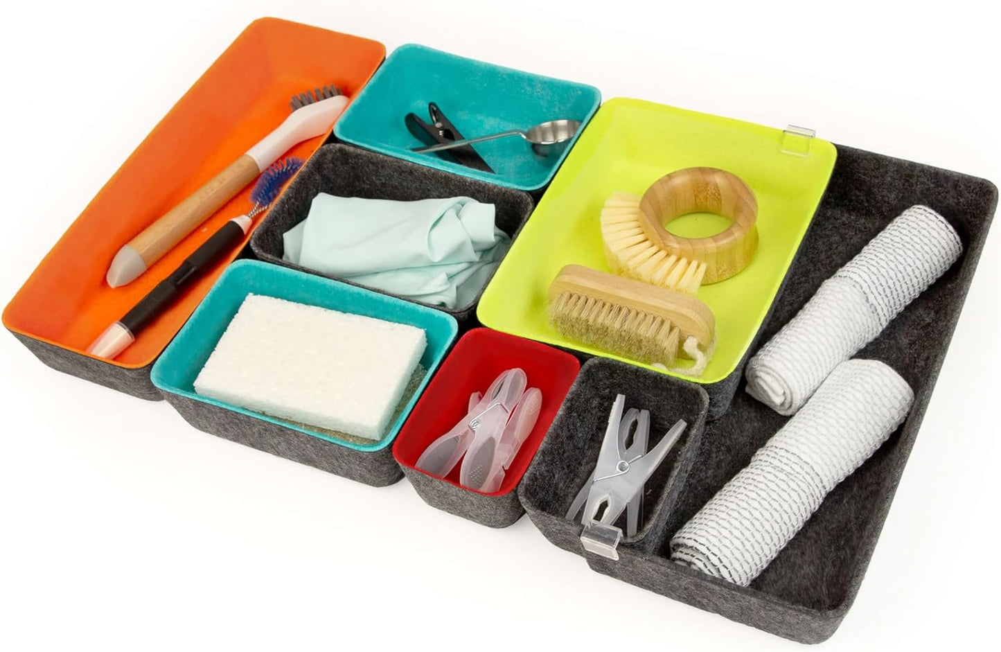 Three by Three Seattle Felt·Like·It! Felt Bins for Office, Crafts, Classroom, Living Room, Bedroom: Includes Expandable Sliding Bin for Custom Fit, Multicolor, Set of 8