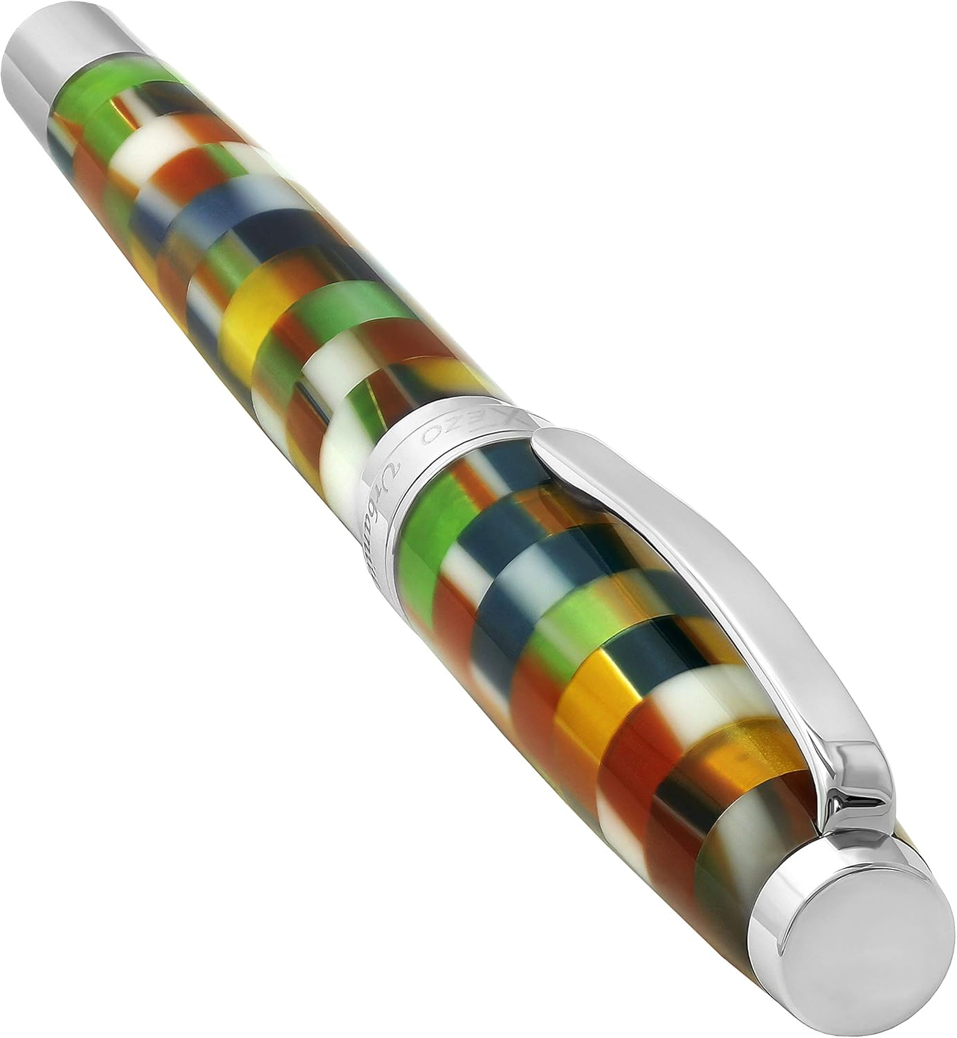 Xezo Urbanite II Fountain Pen, Fine Nib. Jazzy Multicolor Checkered Acrylic on Brass. Chrome Plated. Handcrafted, Limited Edition, Serialized
