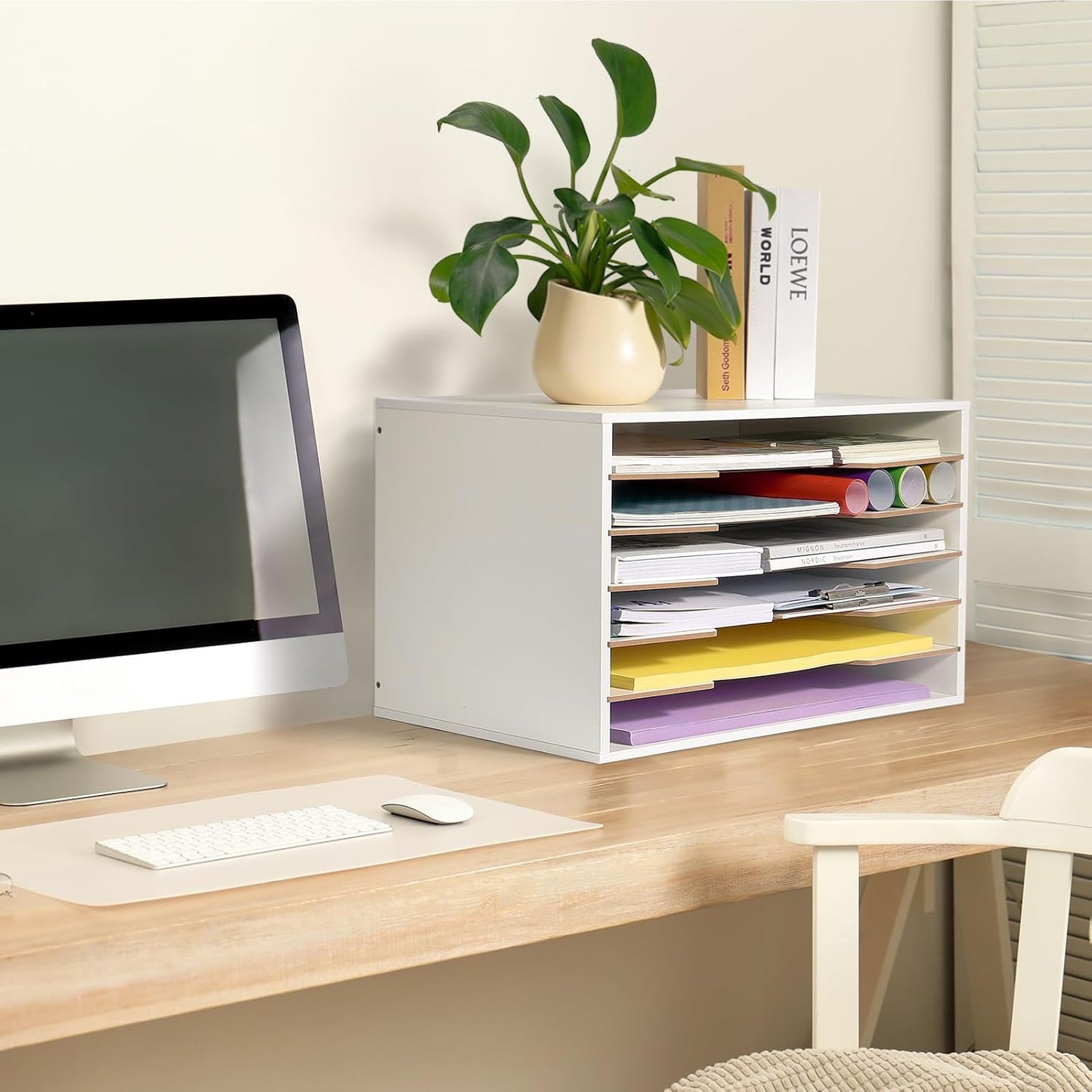 12x18 Construction Paper Organizer, Larger Size Wooden Literature Organizer, 6-Tier Desktop File Organizer for Home and Classroom, Adjustable Paper Sorter for Office