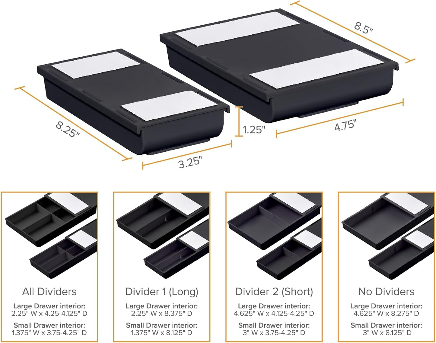 Bostitch Konnect Under Desk Drawer, Self-Adhesive Slide Out Storage Organizer with 4 Customizable Dividers, 2-Pack