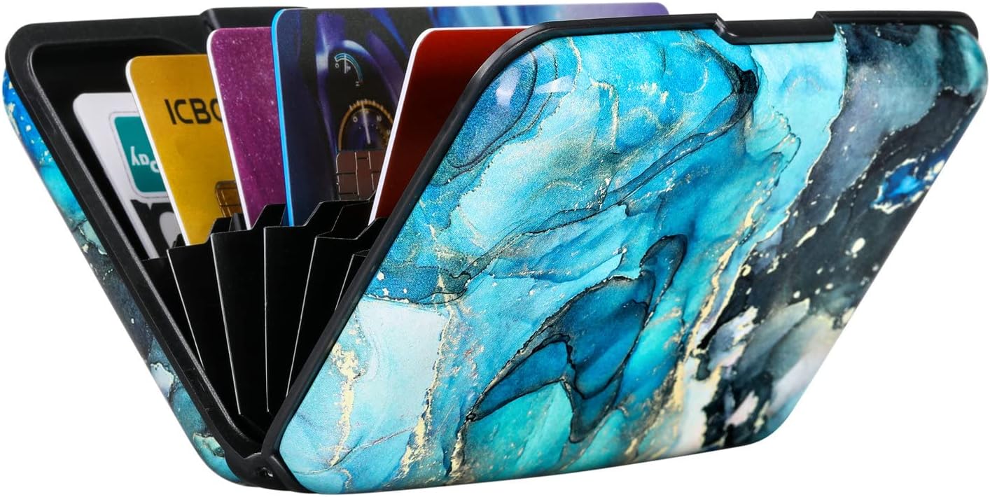 ELFISH RFID Blocking Credit Card Protector Aluminum ID Case Hard Shell Business Card Holders Metal Wallet for Men or Women (Graygreen Marble)