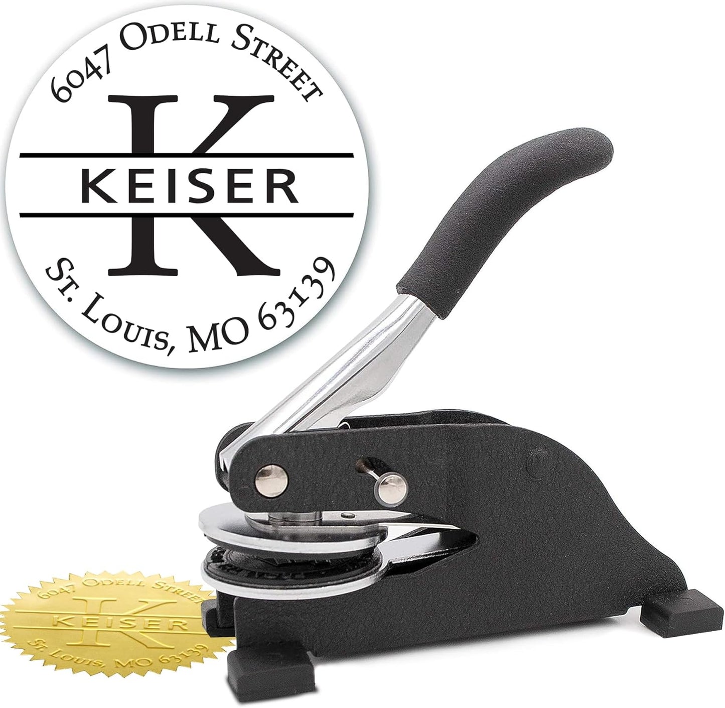 Custom Monogram Address Desk Embosser - Personalized Round Seal with 50 Gold Seal Labels - Style EMD-022