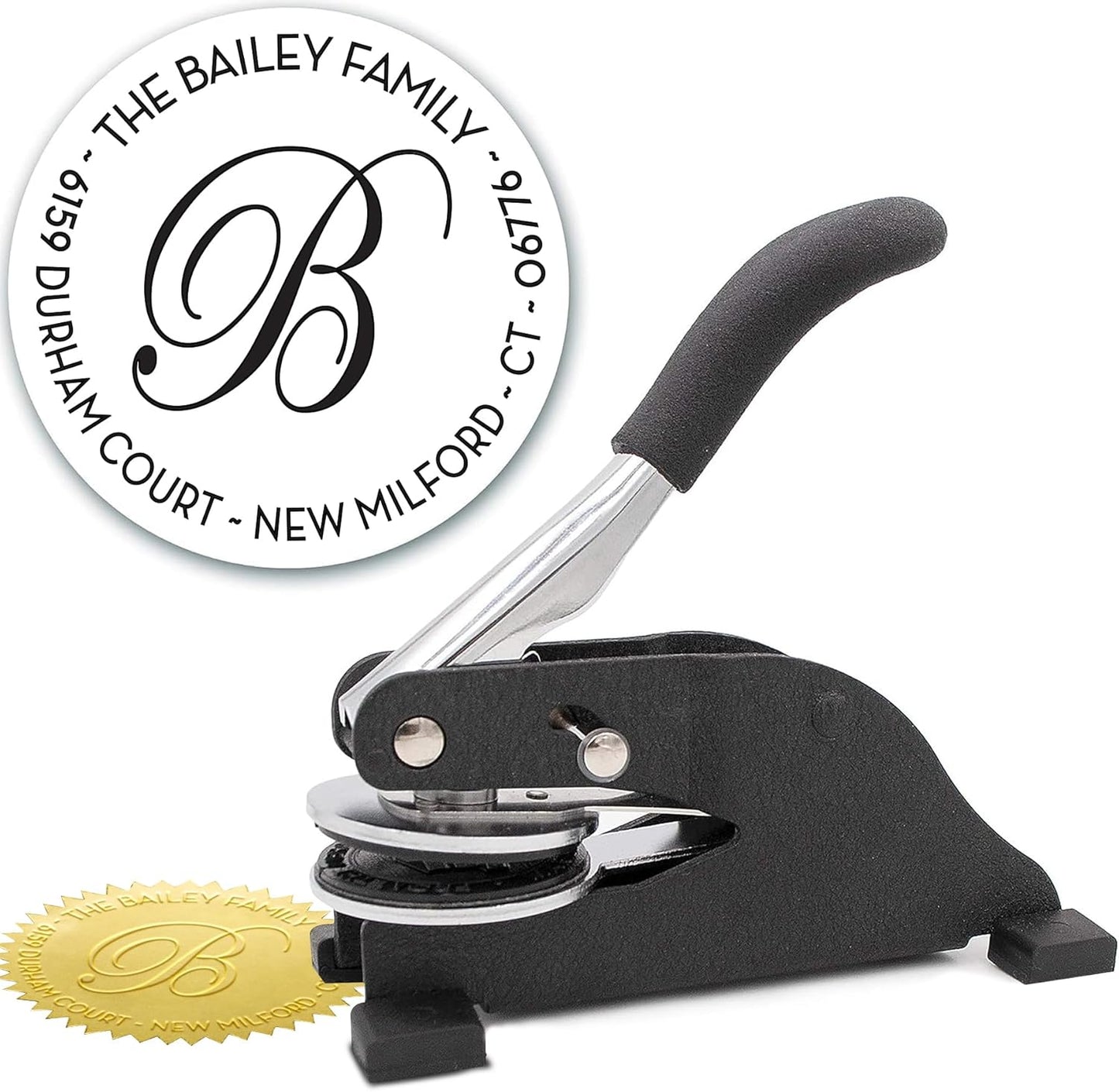 Custom Monogram Address Desk Embosser - Personalized Round Seal with 50 Gold Seal Labels - Style EMD-028