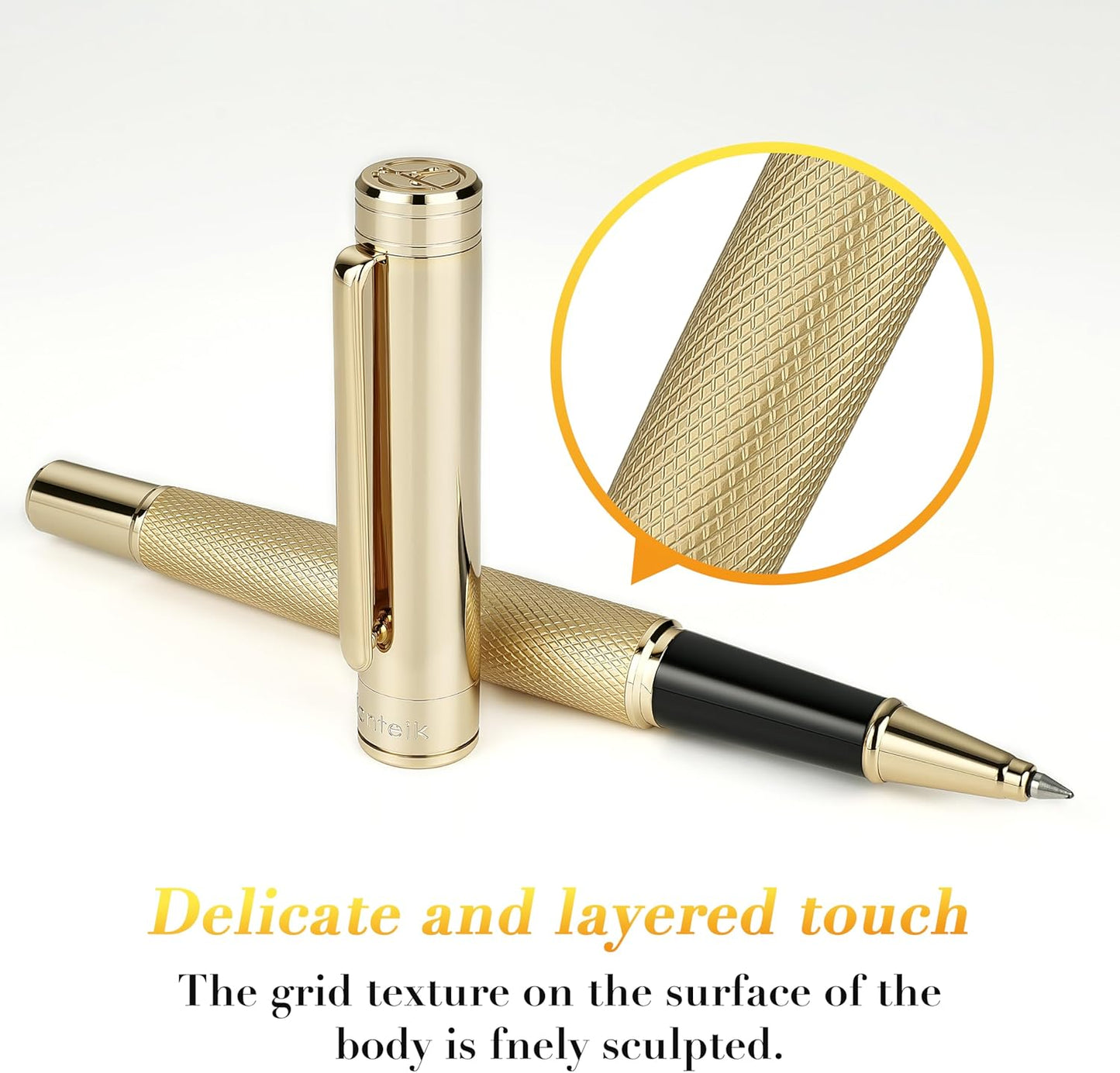 Gold Rollerball Pen, Stunning Luxury Pen with Mesh Texture Design and 24K Gold Finish, Fancy Gift Set for Men & Women, Business Signature, Executive, Office, Nice Fancy Designer Pens