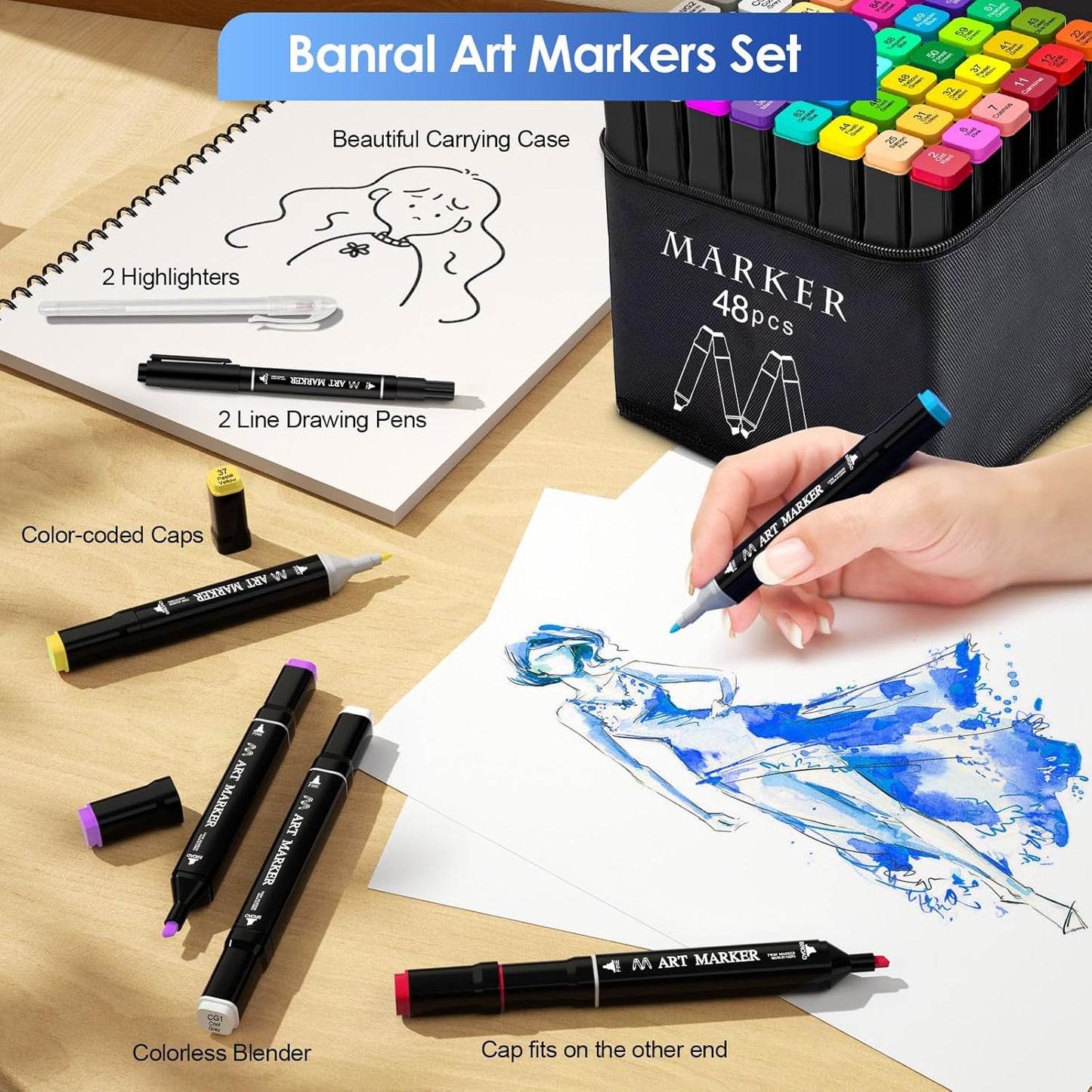 Banral 48 Colors Alcohol Markers Set, Dual Tip Alcohol Based Markers, Art Markers Pens for Artists Kids Adult Coloring, Permanent Illustration Sketch Markers for Drawing with Case and Holders