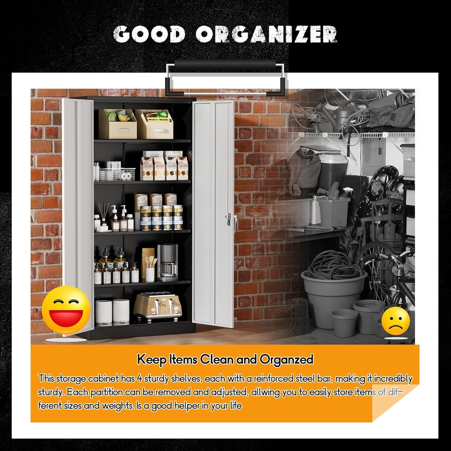 Greenvelly Metal Garage Storage Cabinet with Lock, 72”Metal Storage Cabinet with 2 Doors and 4 Adjustable Shelves, Steel Tool Cabinet for Garage,Home Office, School,Gym (Black Grey)