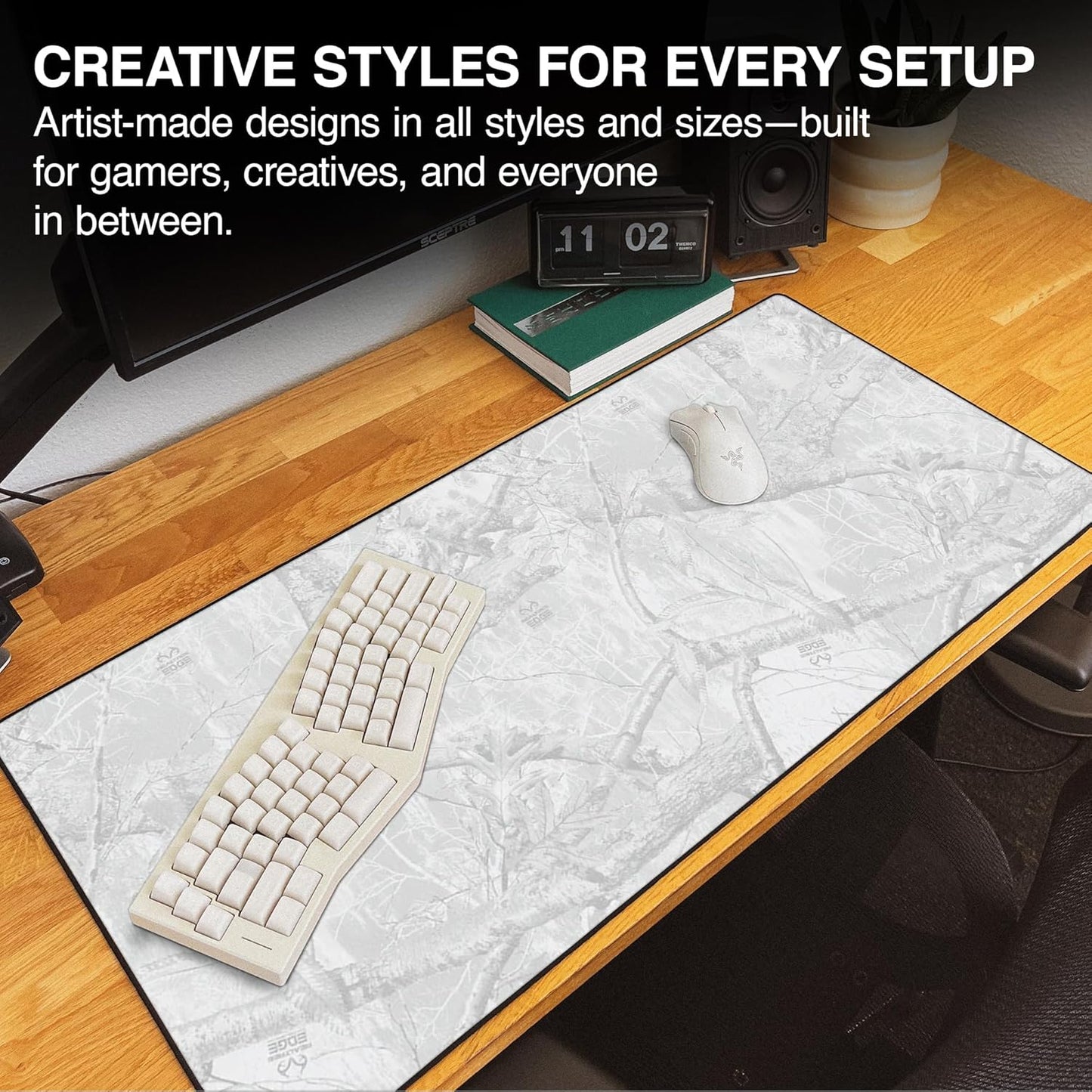 MPCO. Real Tree Large Gaming Desk Pad - 36" x 17" Duraglyde Fabric Edge Snow White – Without Logo Desk Mats - Non-Slip, Washable, Smooth Glide for Precision Gaming & Work