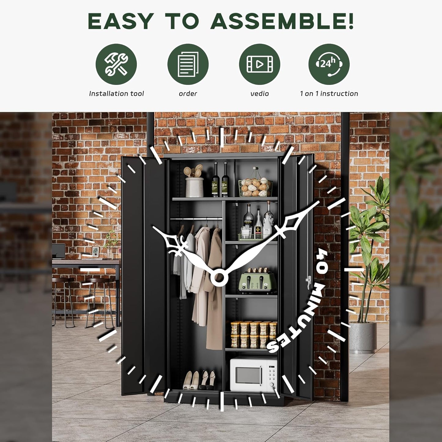 Greenvelly Metal Wardrobe Cabinet with Locking Doors, 72"H Black Metal Wardrobe Closet with Hanging Rods and Adjustable Shelves, Clothing Storage Closet for Home, Office, Employee, Gym (18" D x 36” W)