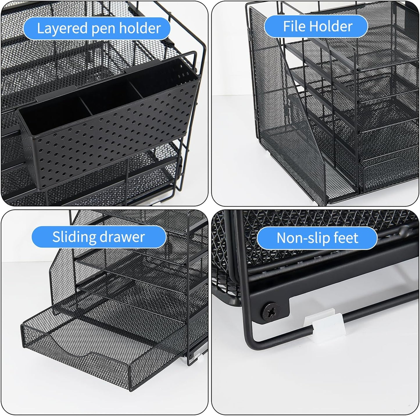 Desk Organizer with Drawer and Pen Holder, 5-Tier Paper Letter Tray Organizer with File Holder, Suitable for Workspace Organizer Office Supplies Storage (Black)