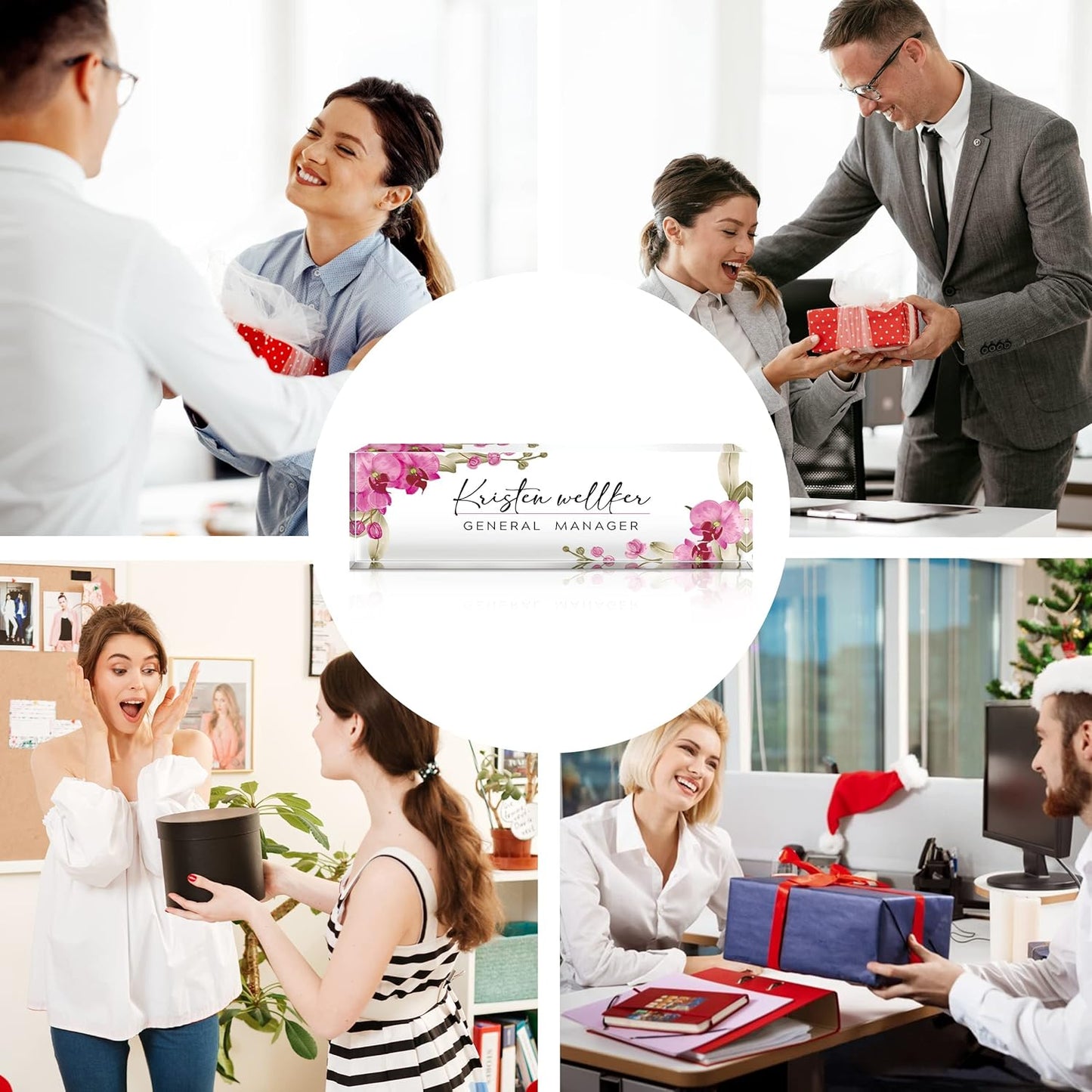 Desk Name Plate Personalized,Flower Clear Acrylic Desk Name Plate,Personalized Name Plate for Desk,Office Decor for Women or Men Coworkers,Boss,Employee,Teacher