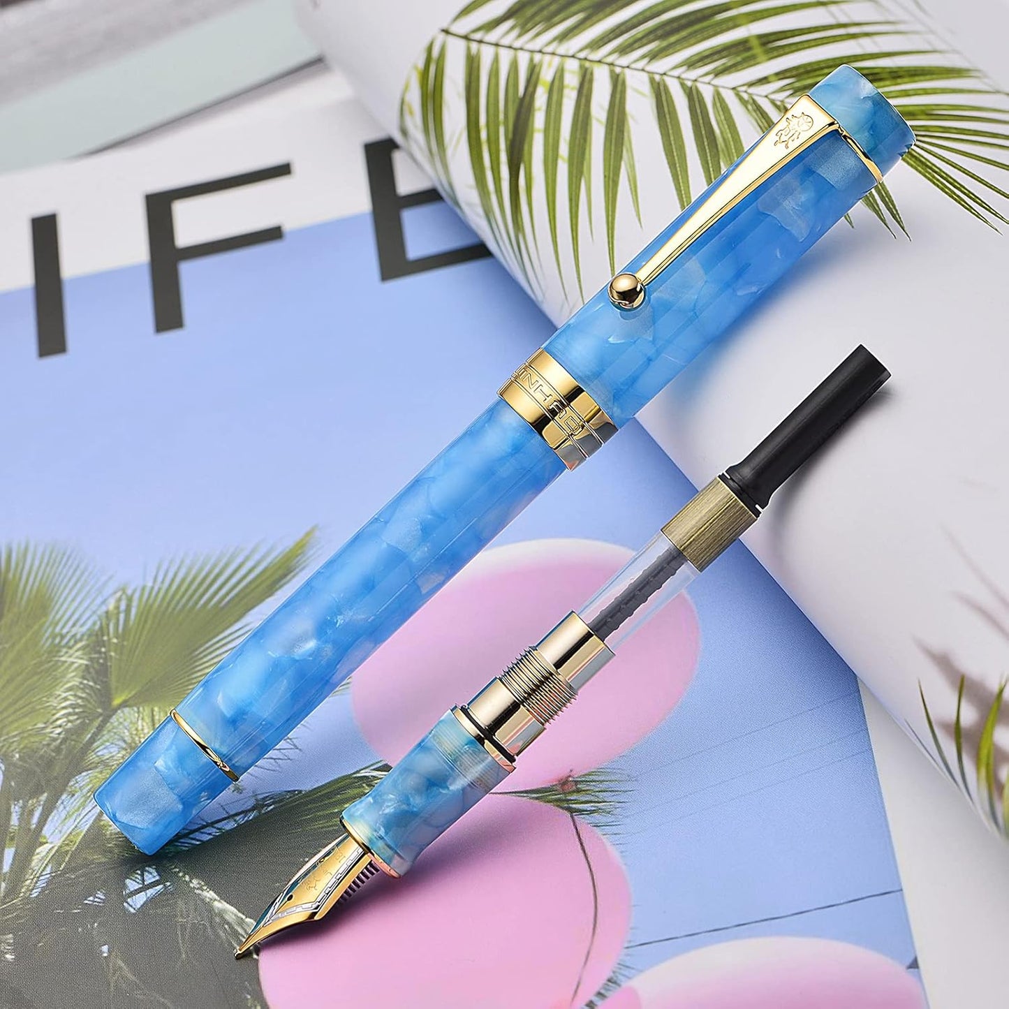 Jinhao 100 Fountain Pen Celluloid Classic Style, #6 Nib Smooth Writing Instrument with Refillable Converter and Pen Case Set