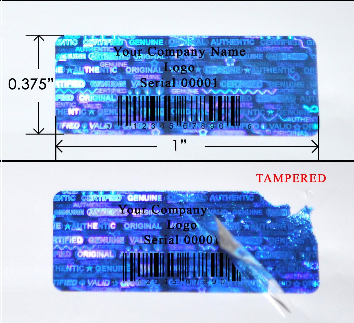 1,000 Tamper Evident Holographic Custom Print Blue Security Label Seal Sticker, Rectangle 1" x 0.375" (25mm x 9mm).