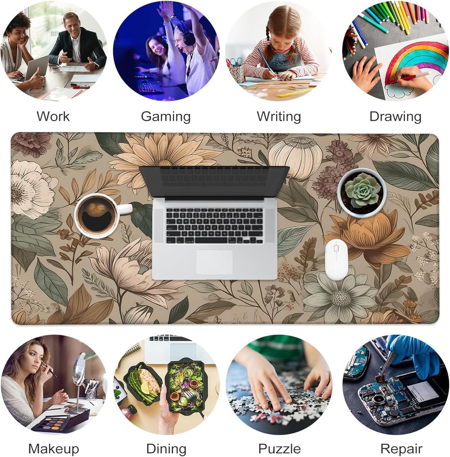 Desk Mat, Vintage Botanical Flowers Leaves Large Gaming Mouse Pad with Non-Slip Base Stitched Edges,Desk pad for Keyboard and Mouse Home Office 35.4"x15.7"