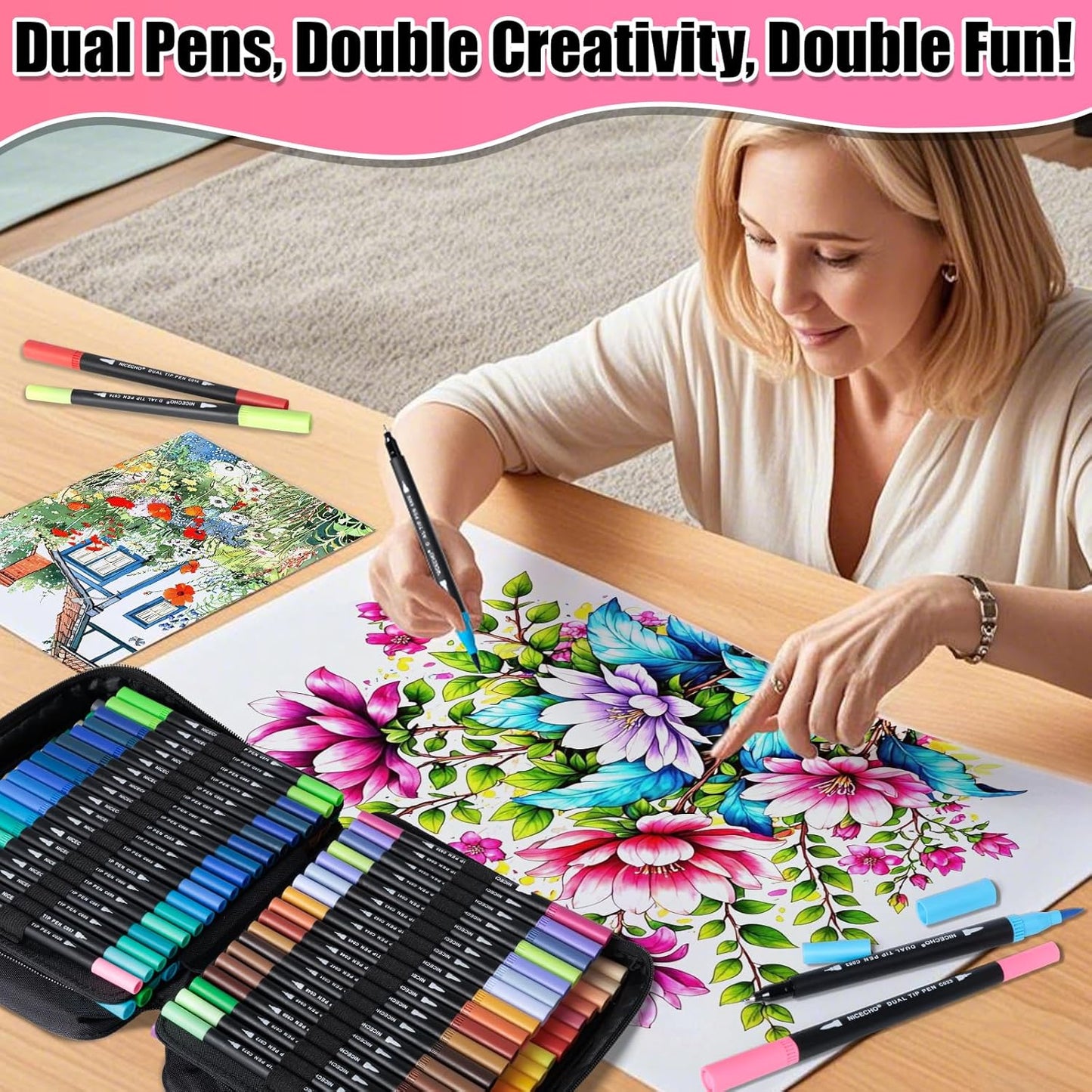 Art Supplier Dual Brush Markers Pens, 110 Artist Coloring Marker Set, Fineliner & Brush Tip Pen with Premium Case for Adults Coloring Books & Kids Journal, Drawing, Doodlin