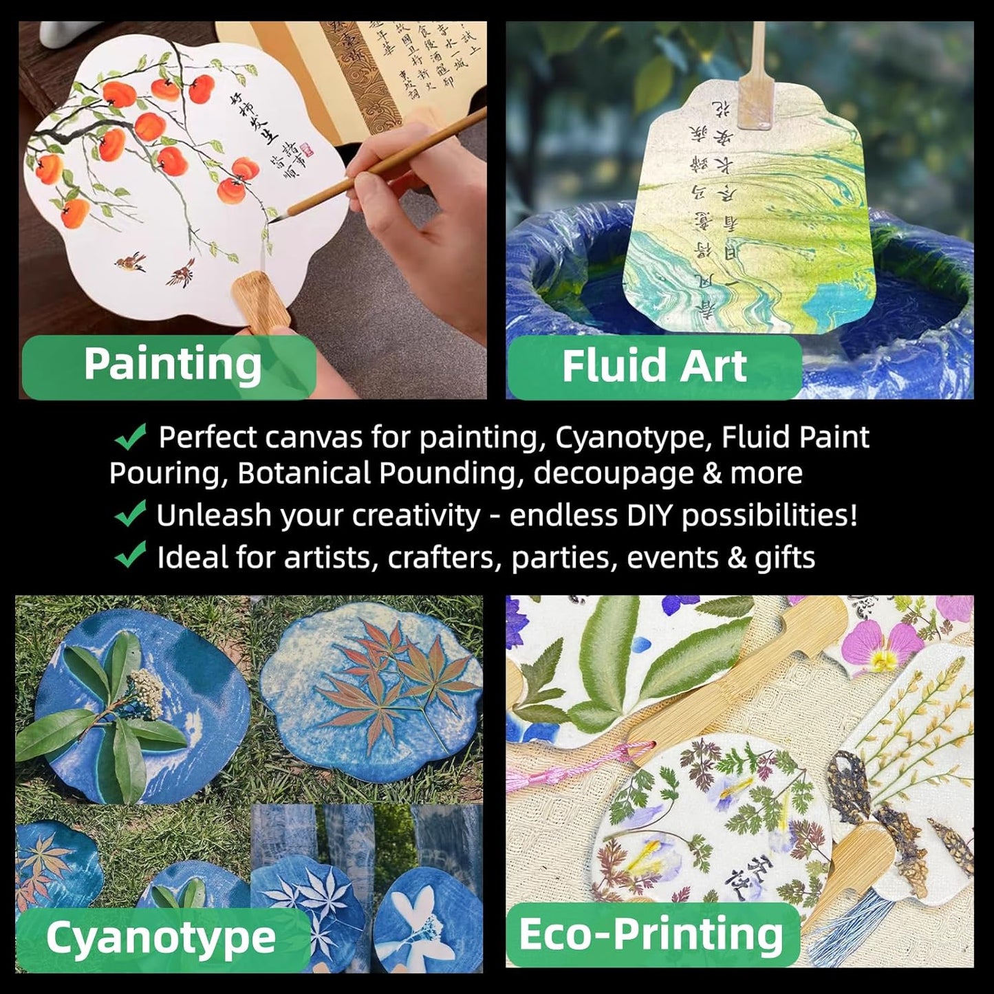 12-Pack DIY Craft Fan Blanks for Mixed Media Art, Resin & Acrylics - Dual-Sided Xuan Paper with PVC Core, Gift-Ready with Silk Tassels - Wedding Décor, Hanfu Styling, Cultural Gifting