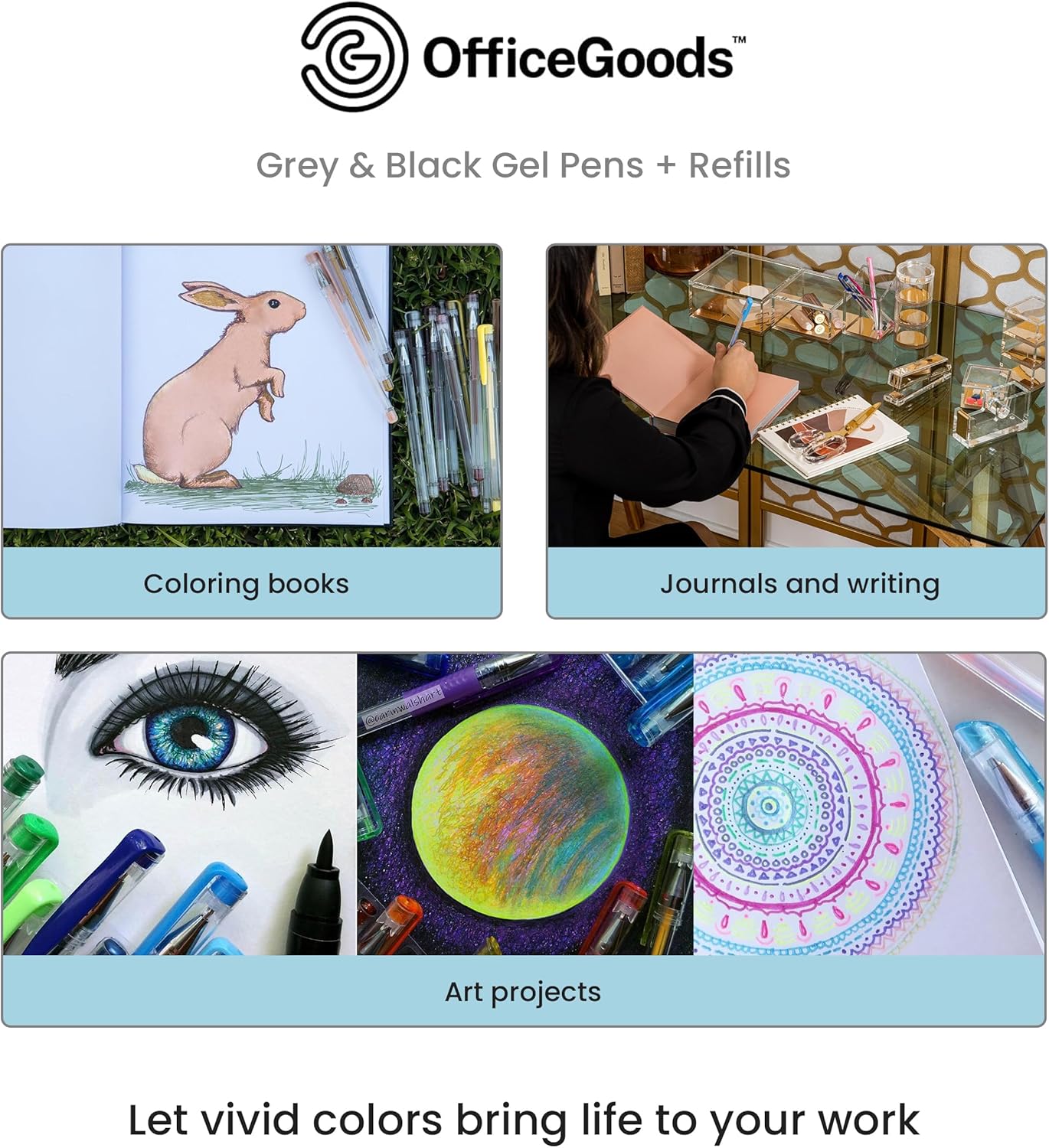 OfficeGoods Grey & Black Gel Pens with Refills – Glitter Metallic Classic – Medium 0.8-1.0mm Tips – Non-Toxic Gel Pens Set – Quick Dry Smudge-Free 12 Pack Colors