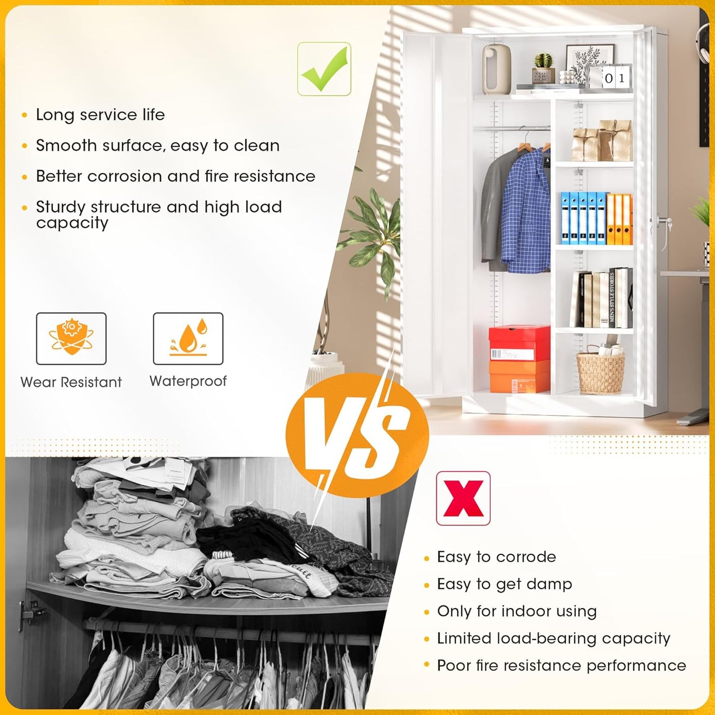 Greenvelly Metal Storage Wardrobe Cabinet with Lock, 72" White Metal Wardrobe Closet for Hanging Clothes with Doors and Shelves, Modern Clothes Closet for Home, Office and Bedroom, School,Gym