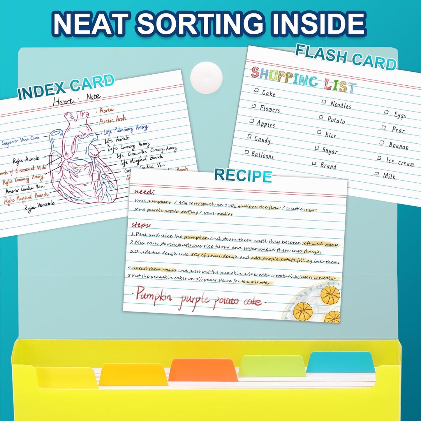 H4D 4x6 Index Card Case with 100 Heavyweight Ruled Index Cards and Dividers, Lime Green