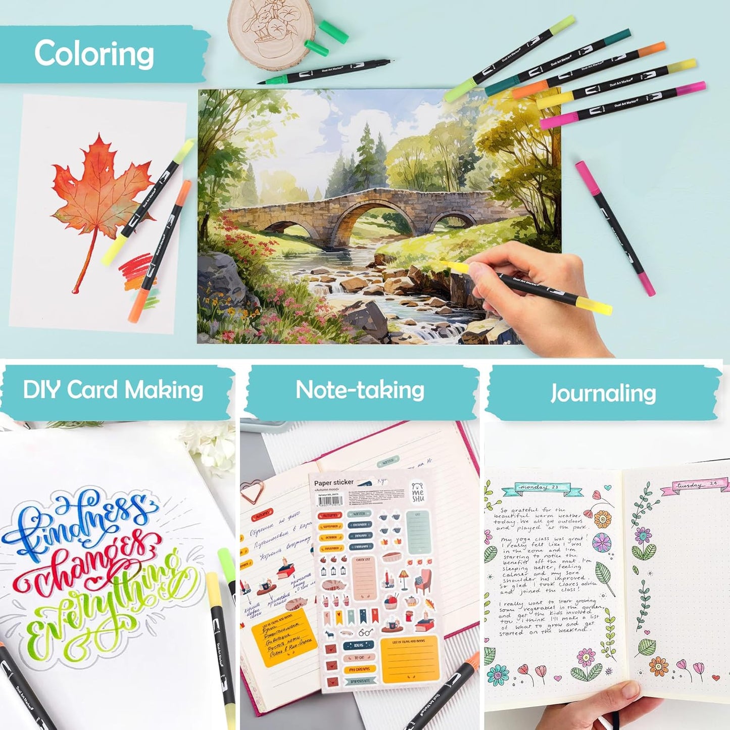 nauets 120 Colors Brush & Fine Dual Tip Watercolor Markers Set for Kids Adults Coloring Books No Bleeding Paint Pens For Drawing Note taking Planner Calligraphy Journaling Card Making Art Supplies