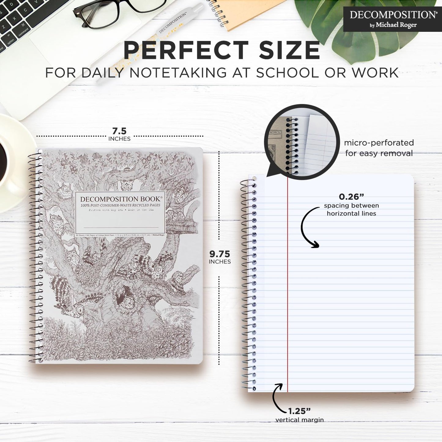 Decomposition Screech Owls College Ruled Spiral Notebook - 9.75 x 7.5 Journal with 160 Lined Pages - 100% Recycled Paper - Cute Notebooks for School Supplies, Home & Office - Made in USA