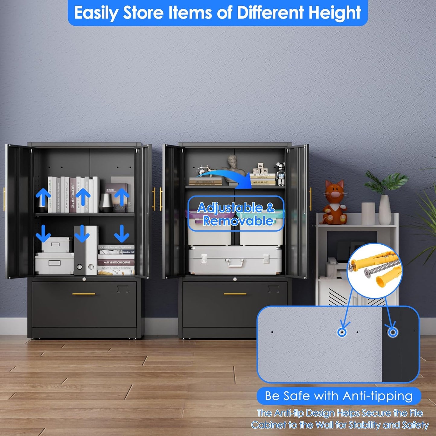 1 Drawer Lateral File Cabinet with Lock, Metal Filing Storage Cabinet with Locking Doors and Adjustable Shelf for Home, Office, School, Fits A4/Letter/Legal Size Folders, Black